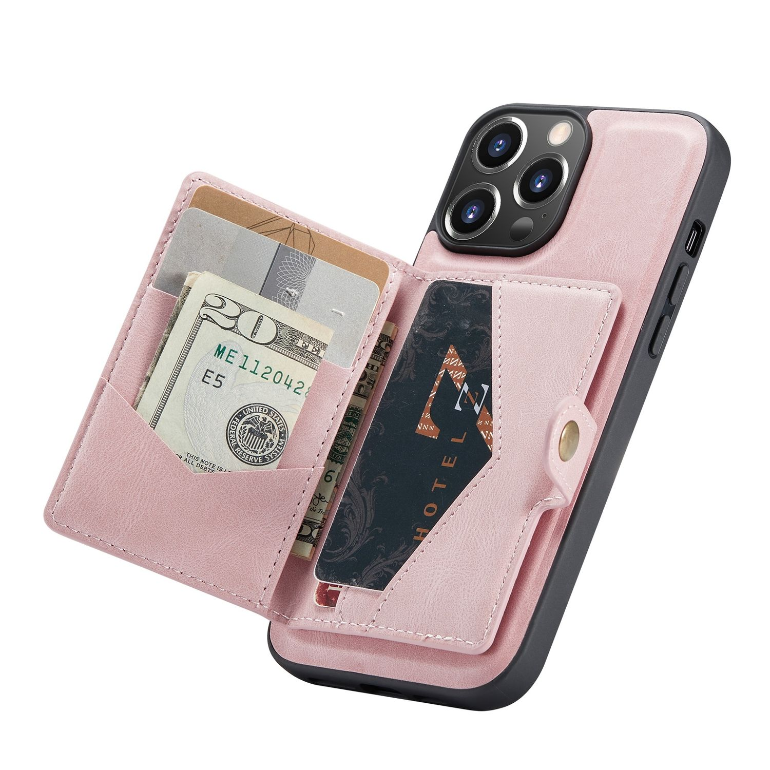 Rosa Handyhülle mit Kartenfächern, hält Bargeld und Karten, geöffnet. Handyhülle am Telefon.