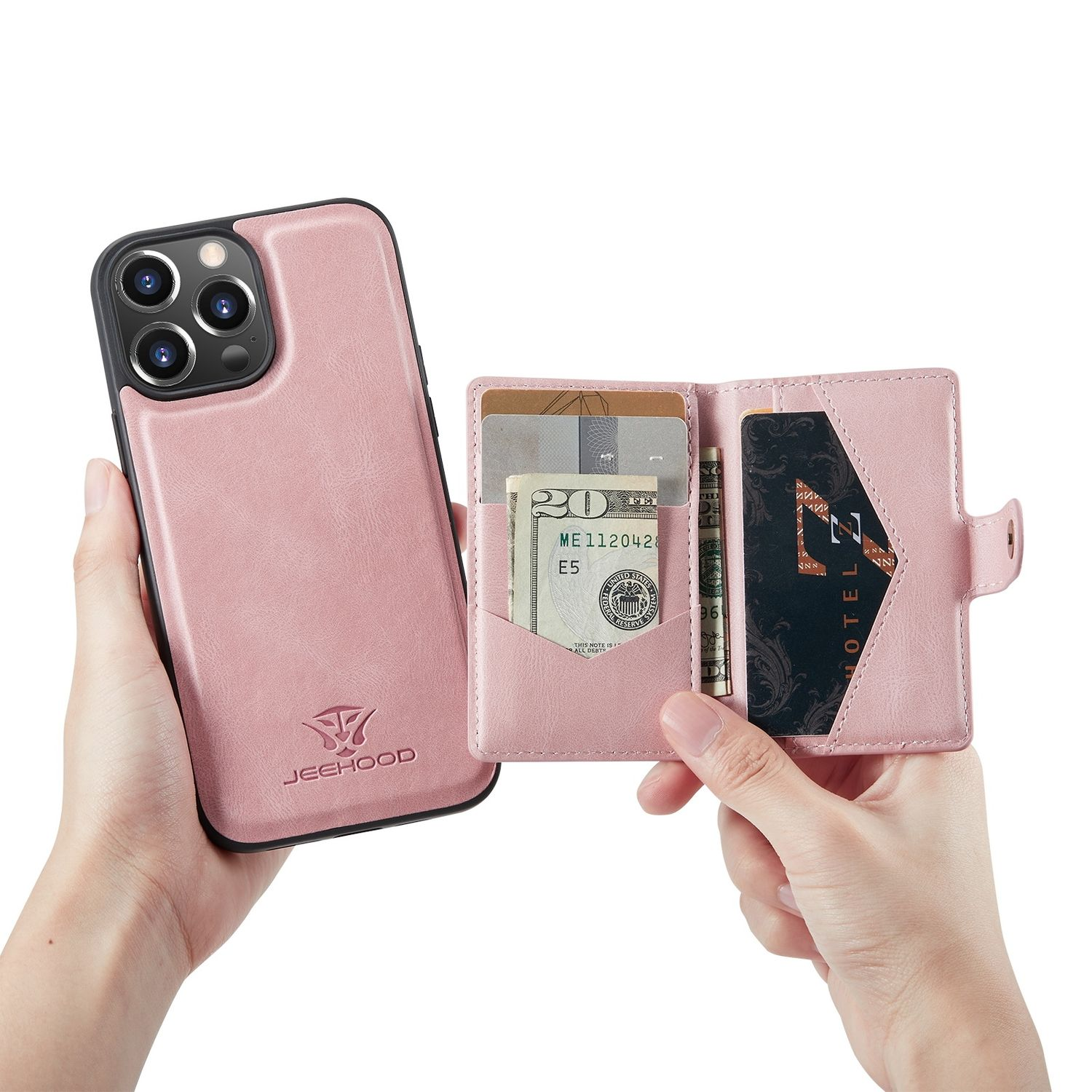 Hände halten eine rosa Handyhülle mit einem Portemonnaie und einer Karte.