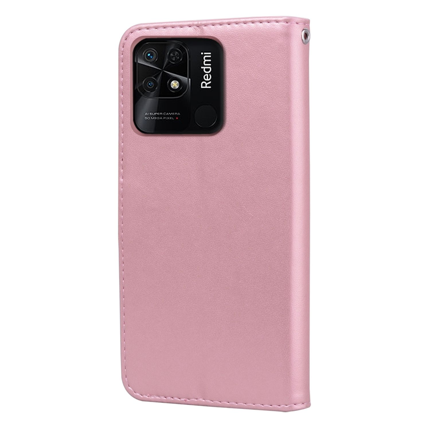 Geschlossene rosa Handyhülle, die die Kamera des Telefons und das Redmi-Logo zeigt. Die Hülle ist im Folio-Stil.