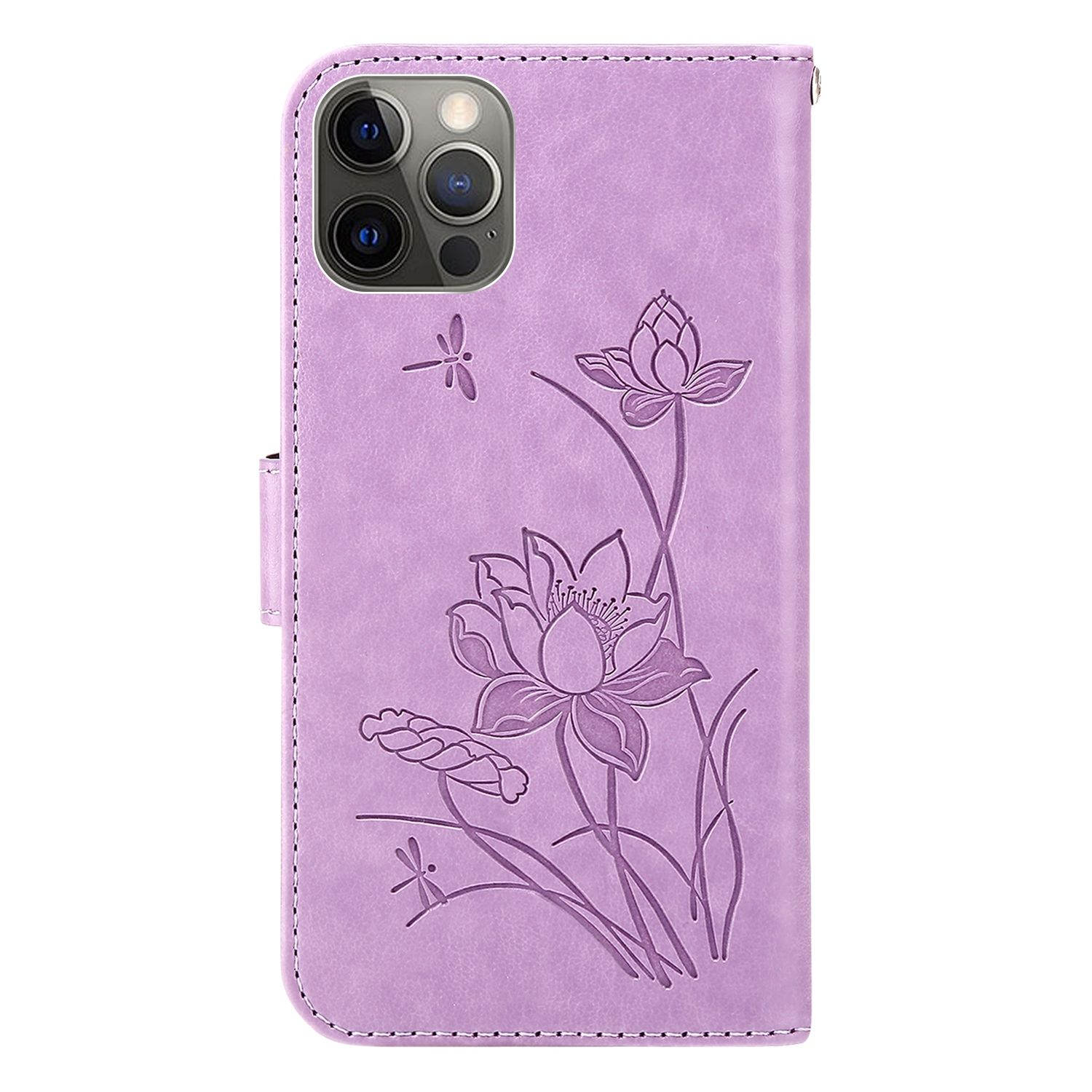 Geschlossene lila Handyhülle mit Lotusblumen- und Libellenmuster. Die Hülle ist im Folio-Stil.