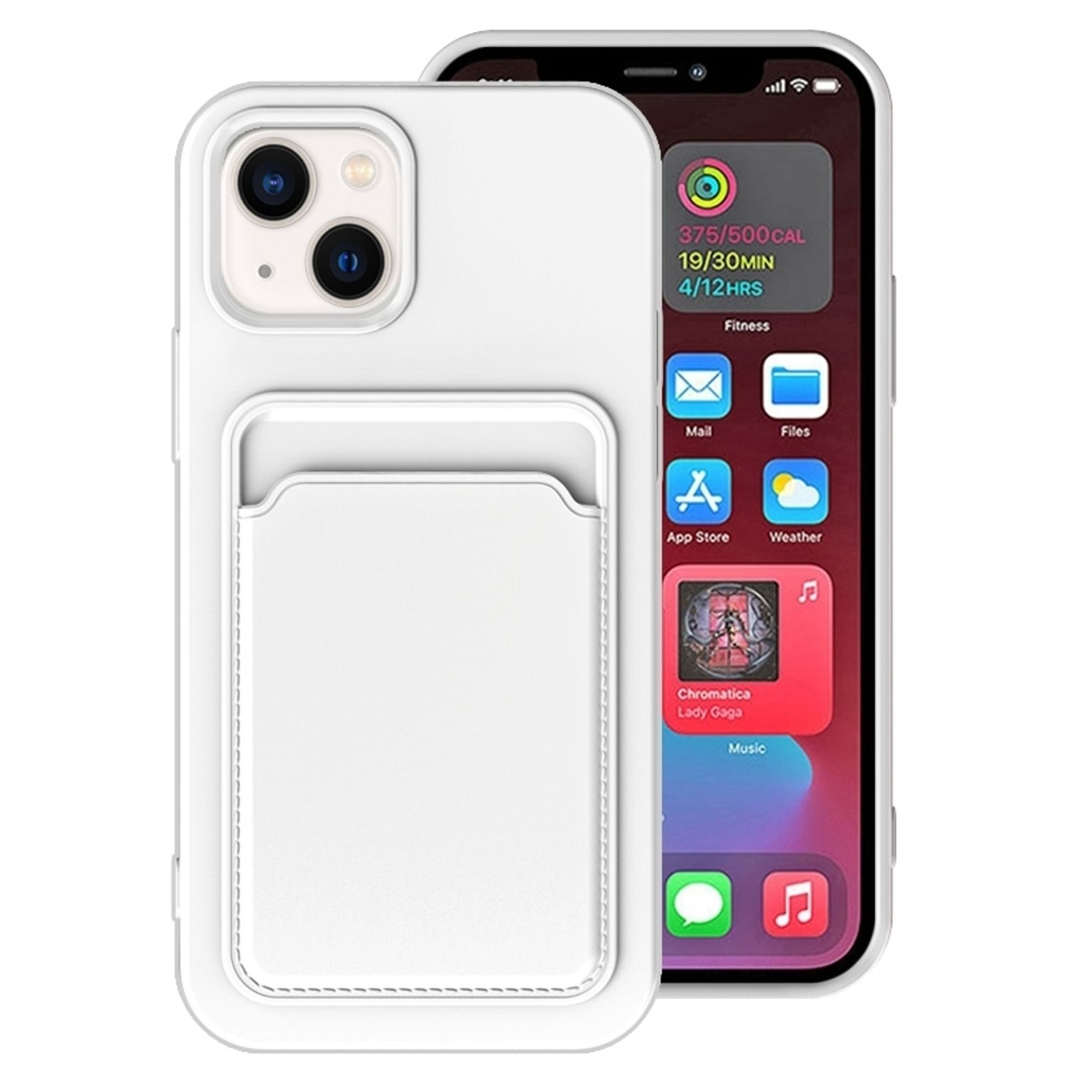 Weiße Handyhülle mit Kartenhalter und Telefon mit laufender App.
