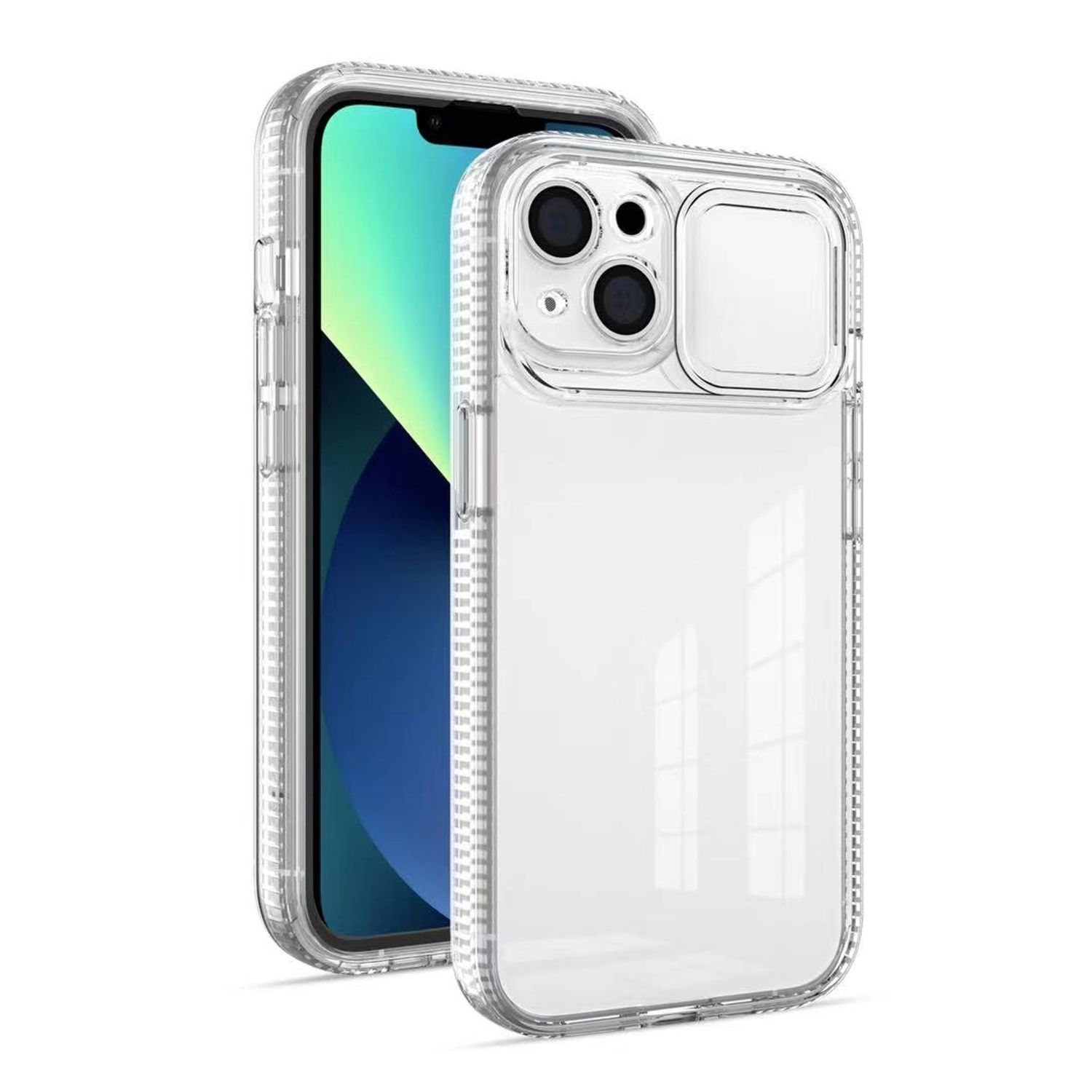 Eine transparente Handyhülle auf weißem Hintergrund. Die Hülle liegt auf einem Telefon.