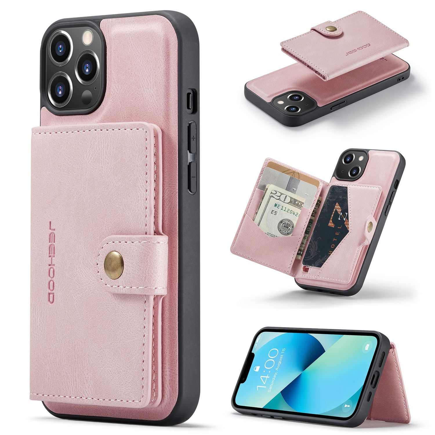 Rosa Handyhülle mit Geldbörsenfunktion. Es hat Kartenfächer und einen Ständer. Das Telefon ist in der Hülle sichtbar.
