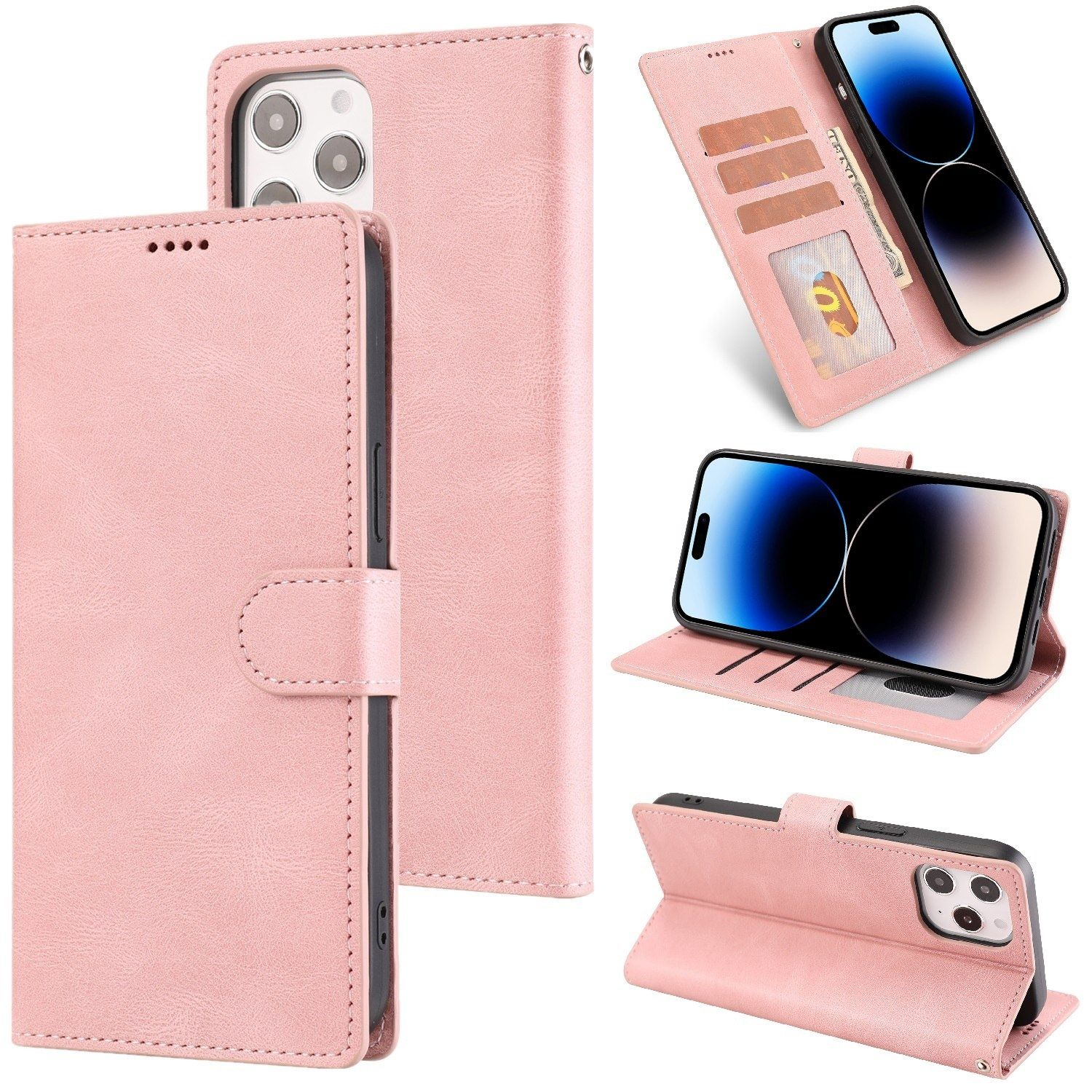 Pinkes Handycase, mit mehreren Ansichten. Zeigt Handy, Geldbörsenstil.
