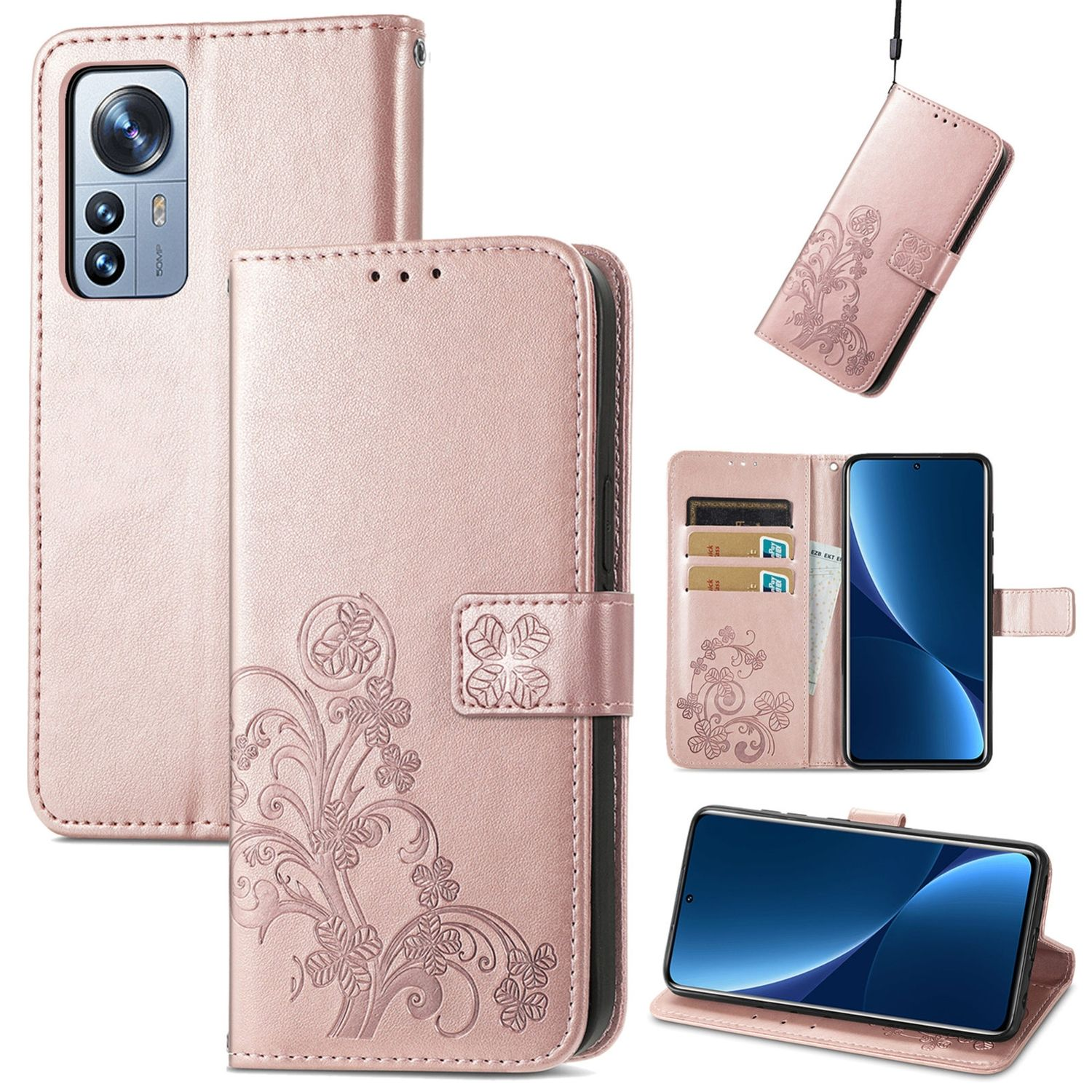Rosa Handy-Brieftaschentasche mit floralem Design, zeigt verschiedene Ansichten.