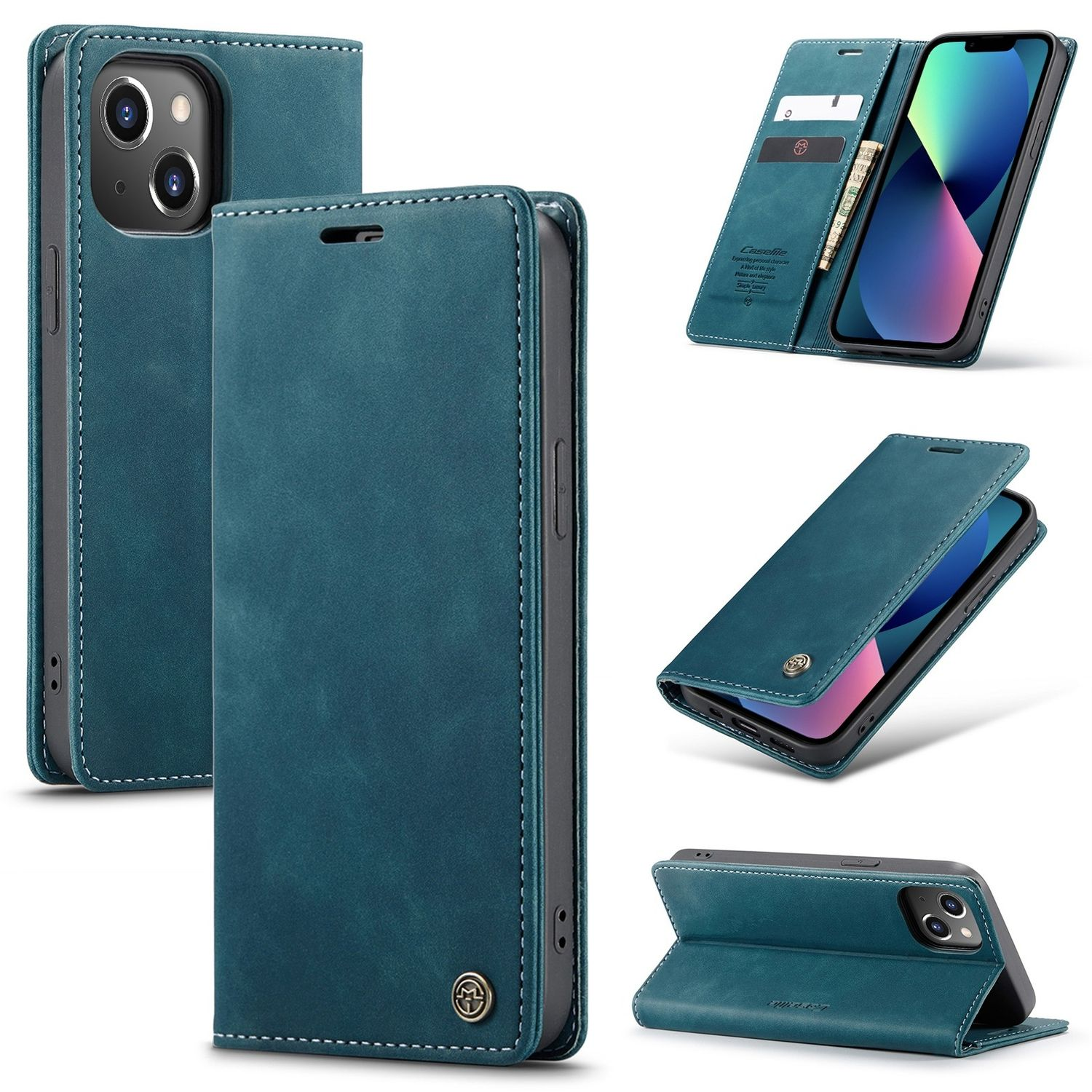 Blaue Handyhülle im Brieftaschendesign, zeigt verschiedene Ansichten und Winkel der Hülle.
