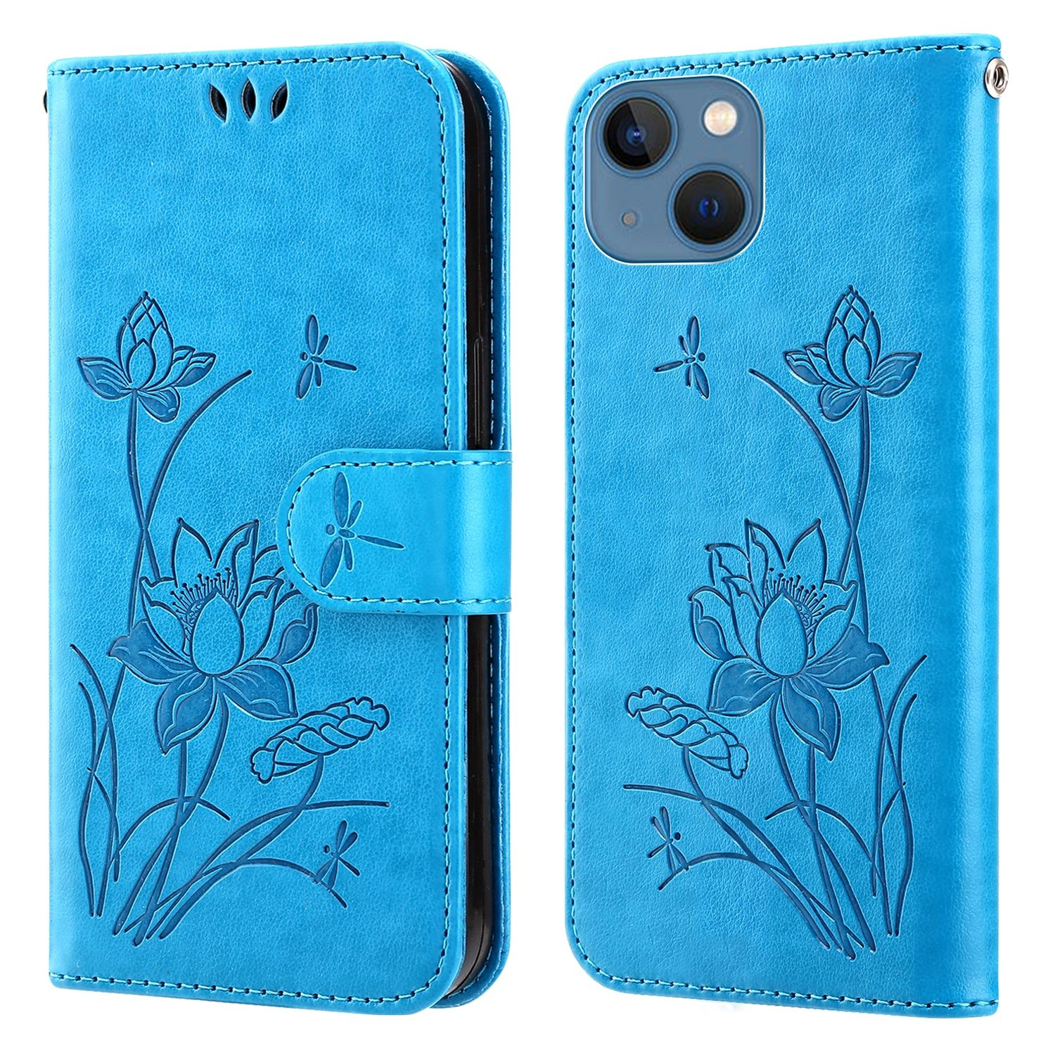Blaue Handyhülle mit Blumendesign und Libellen-Akzenten.