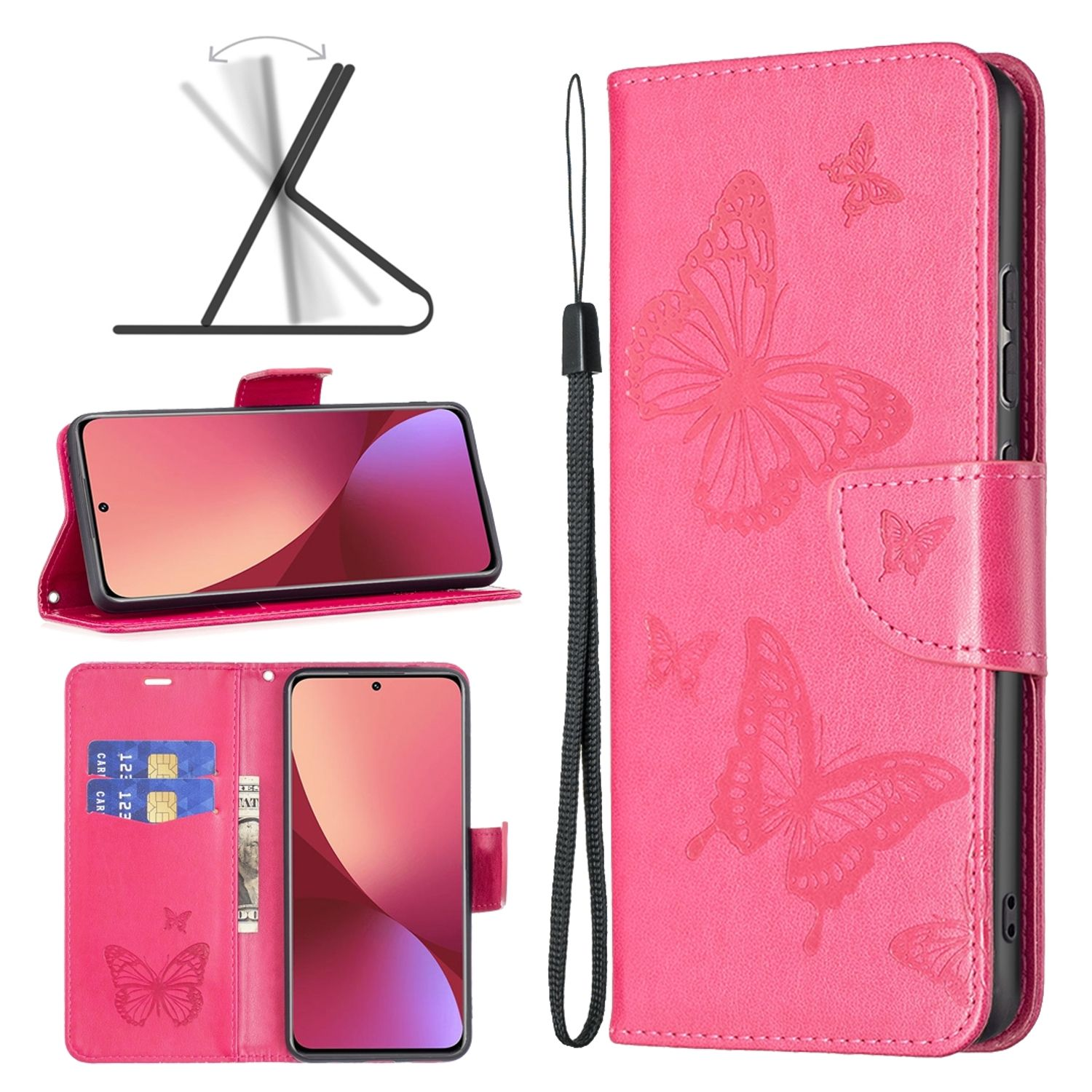 Eine pinkfarbene Handyhülle mit Schmetterlingsmotiven. Es verfügt über ein Brieftaschen-Design mit Kartenfächern und einem Ständer.
