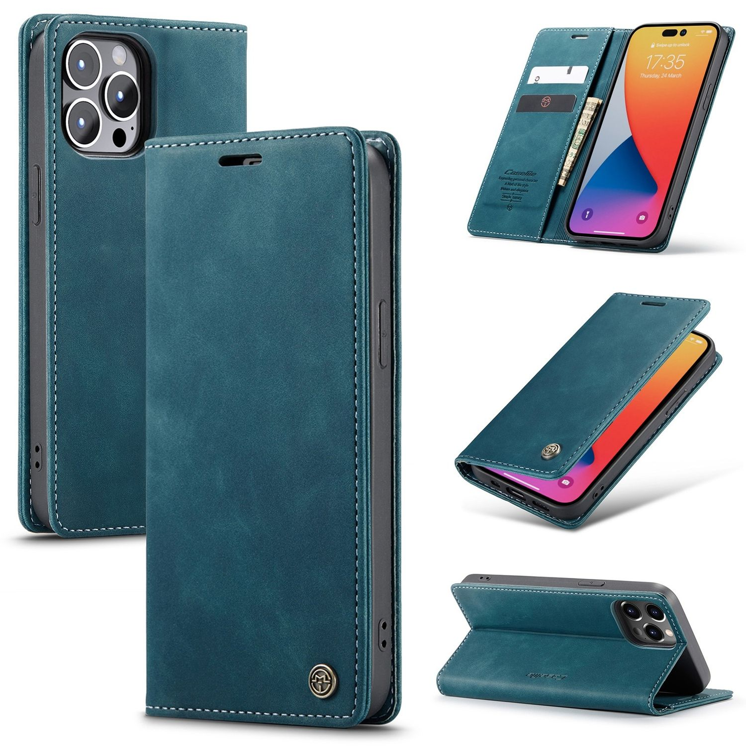 Blaue Handyhülle, offen und geschlossen, mit verschiedenen Ansichten, die ein Telefon zeigen.