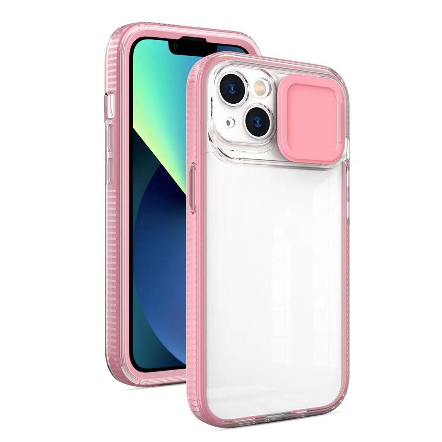 Zwei Handyhüllen, eine pink und klar und eine pink. Das pinkfarbene Case hat eine Kameraabdeckung.