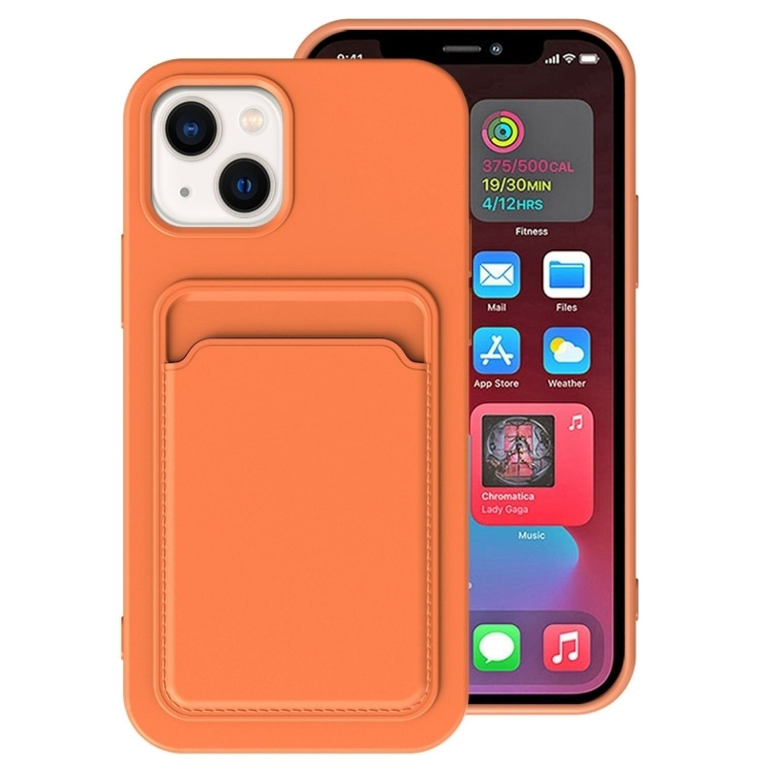 Orangefarbene Handyhülle mit Geldbörse auf der Rückseite. iPhone mit Apps auf dem Bildschirm.