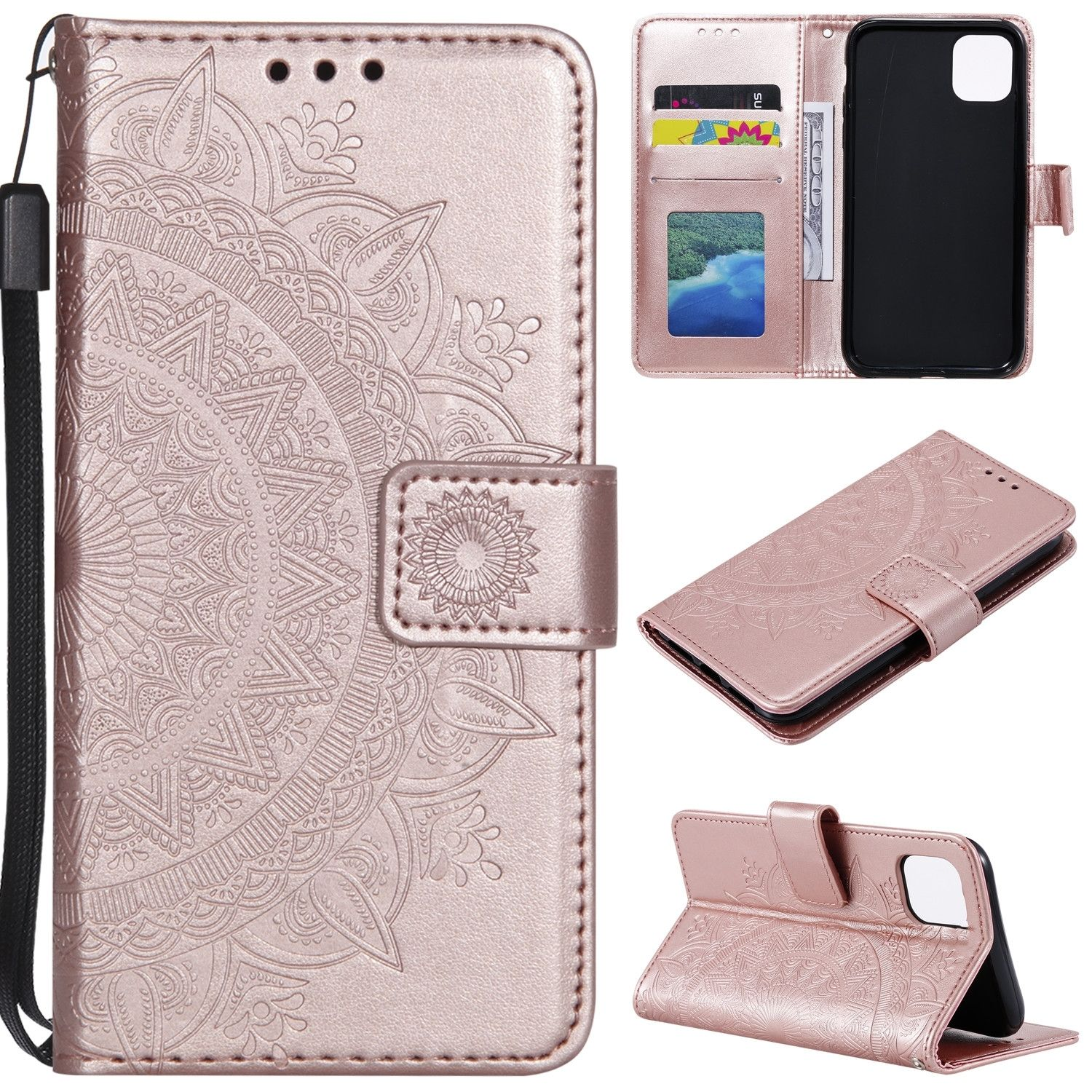 Roségoldenes Handy-Wallet-Case mit Mandala-Design. Geöffnet, um Karten zu zeigen.