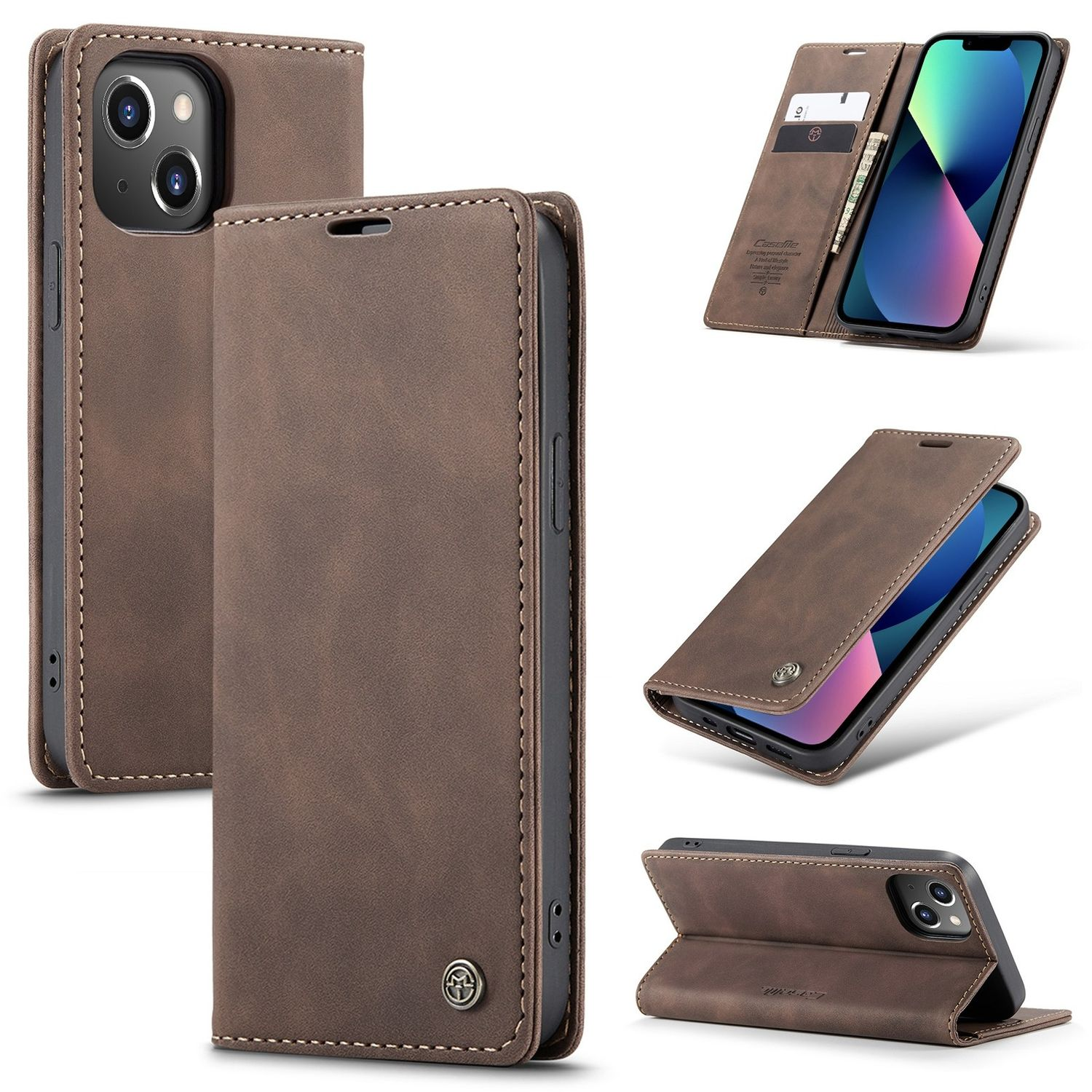 Eine braune Leder-Handyhülle, offen und geschlossen, mit Telefon, auf weißem Hintergrund.