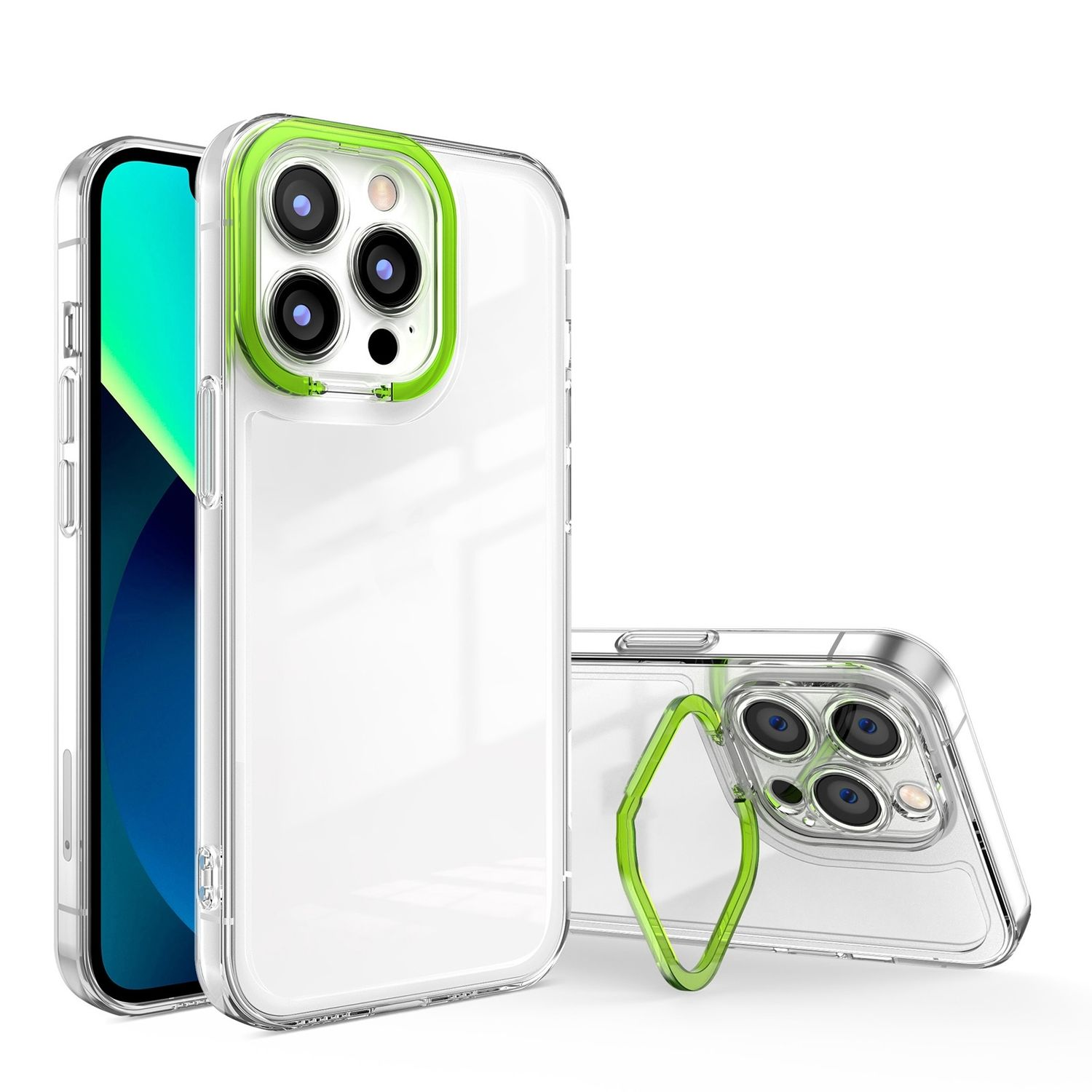 Transparente Handyhülle mit grünem Kameraring, auf weißer Oberfläche. Ein Telefon ist innen.