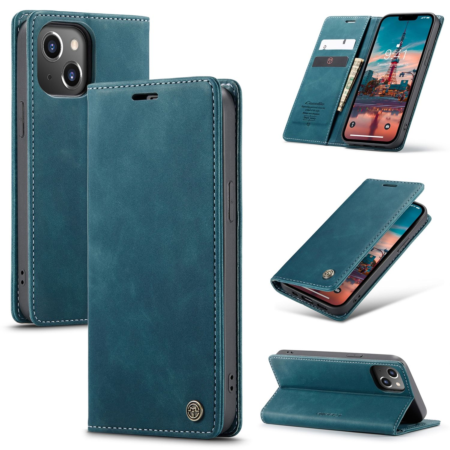 Eine blaue Leder-Handyhülle, die sich wie ein Buch öffnet, mit einem Telefon darin.