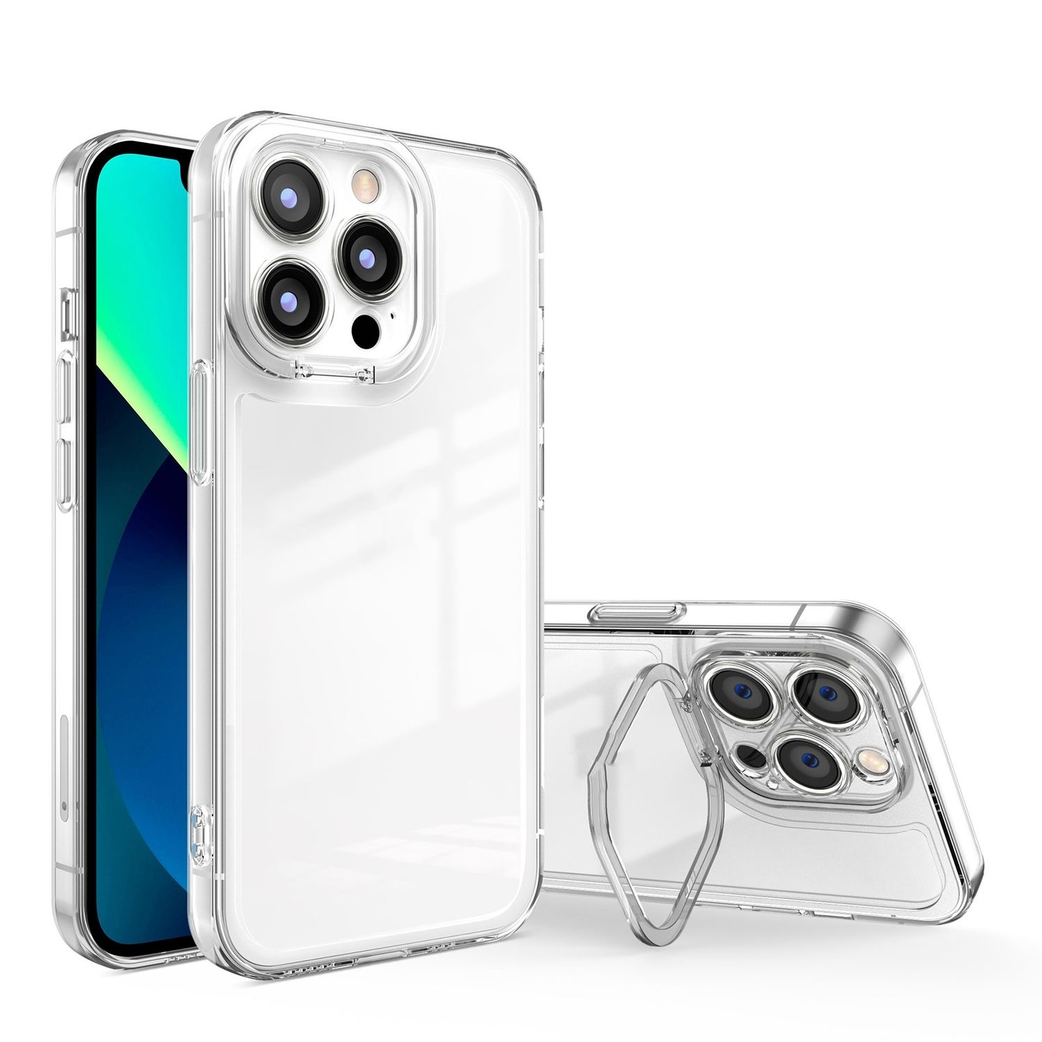 Zwei transparente Handyhüllen mit einem iPhone in einer. Die Hüllen sind transparent und zeigen das Telefon.