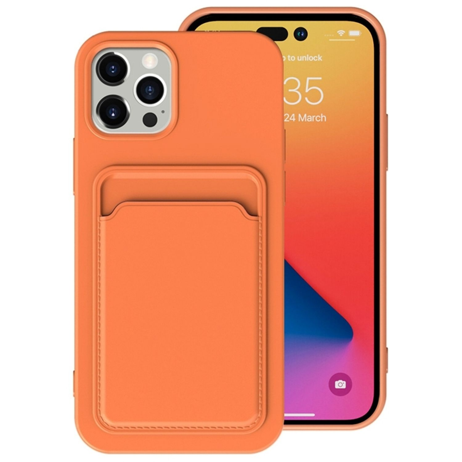 Orange Handyhülle mit Kartenhalter und iPhone rechts, zeigt App-Symbole.