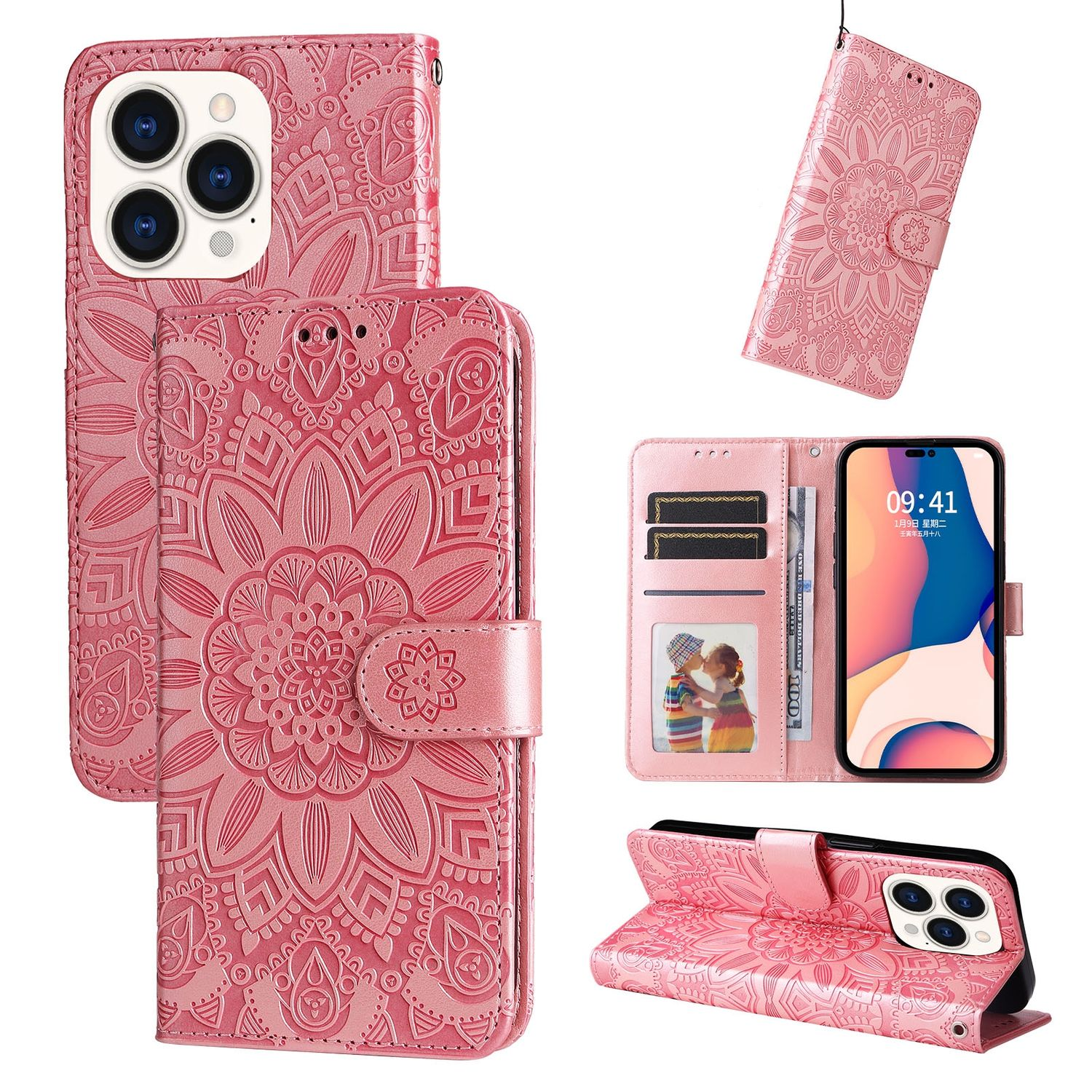 Rosa Handy-Wallet-Hülle mit dekorativem Muster. Enthält Handy mit Bildschirm und Kartenfächer.