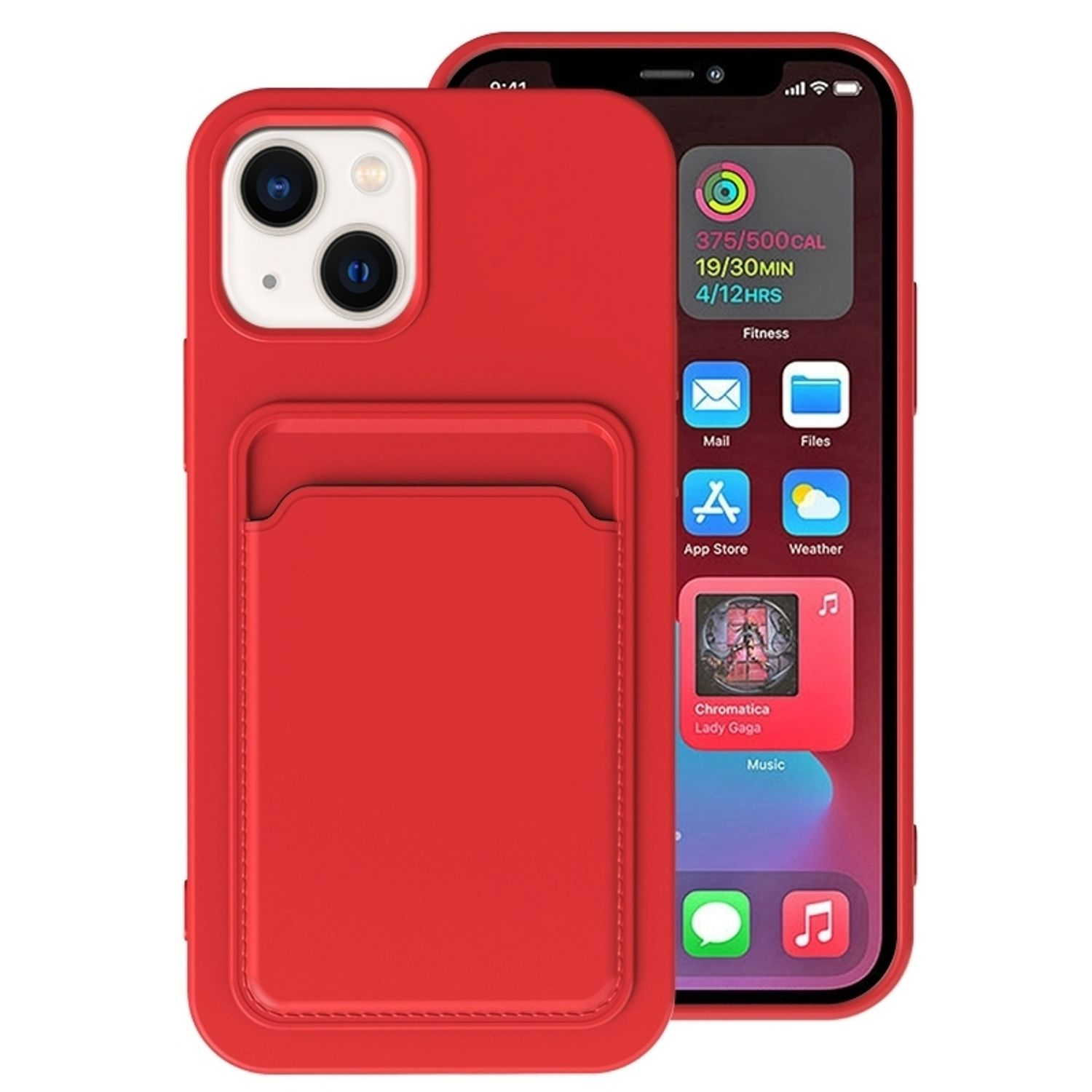 Eine rote Handyhülle mit Kartenfach. Das Telefon zeigt eine App-Oberfläche an.