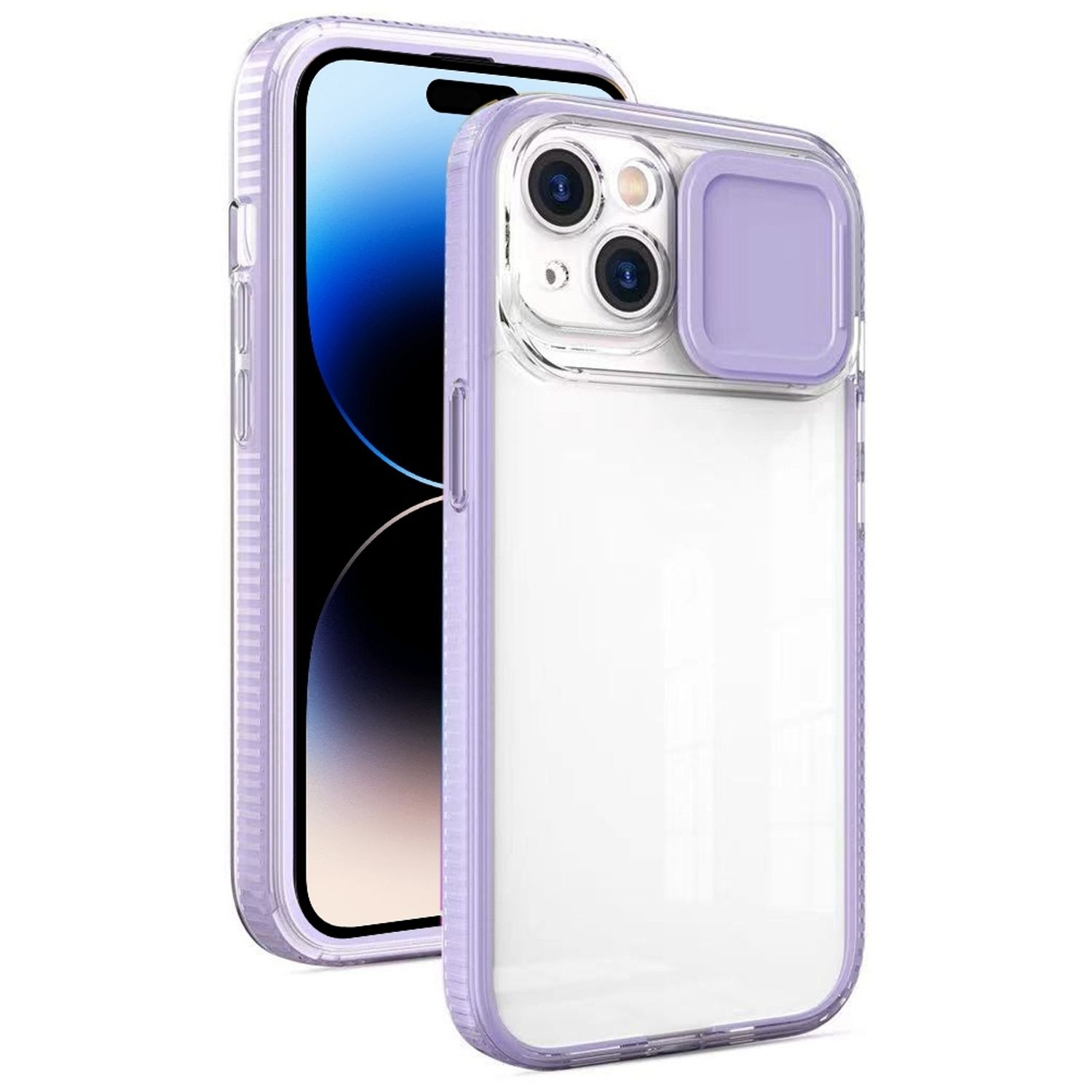Ein Telefon in einer transparenten Hülle mit lila Akzenten, eine weitere Hülle und Telefon im Hintergrund.