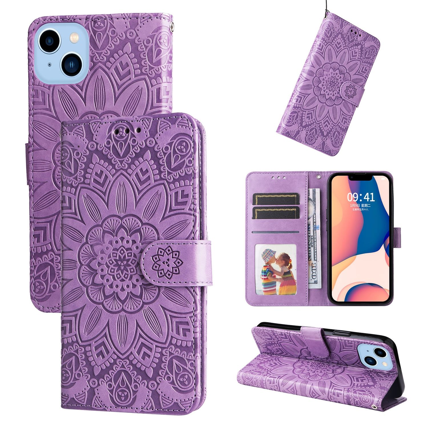 Lila Handy-Geldbörsenhülle mit aufwendigem Blumendesign, mehrere Ansichten werden angezeigt.