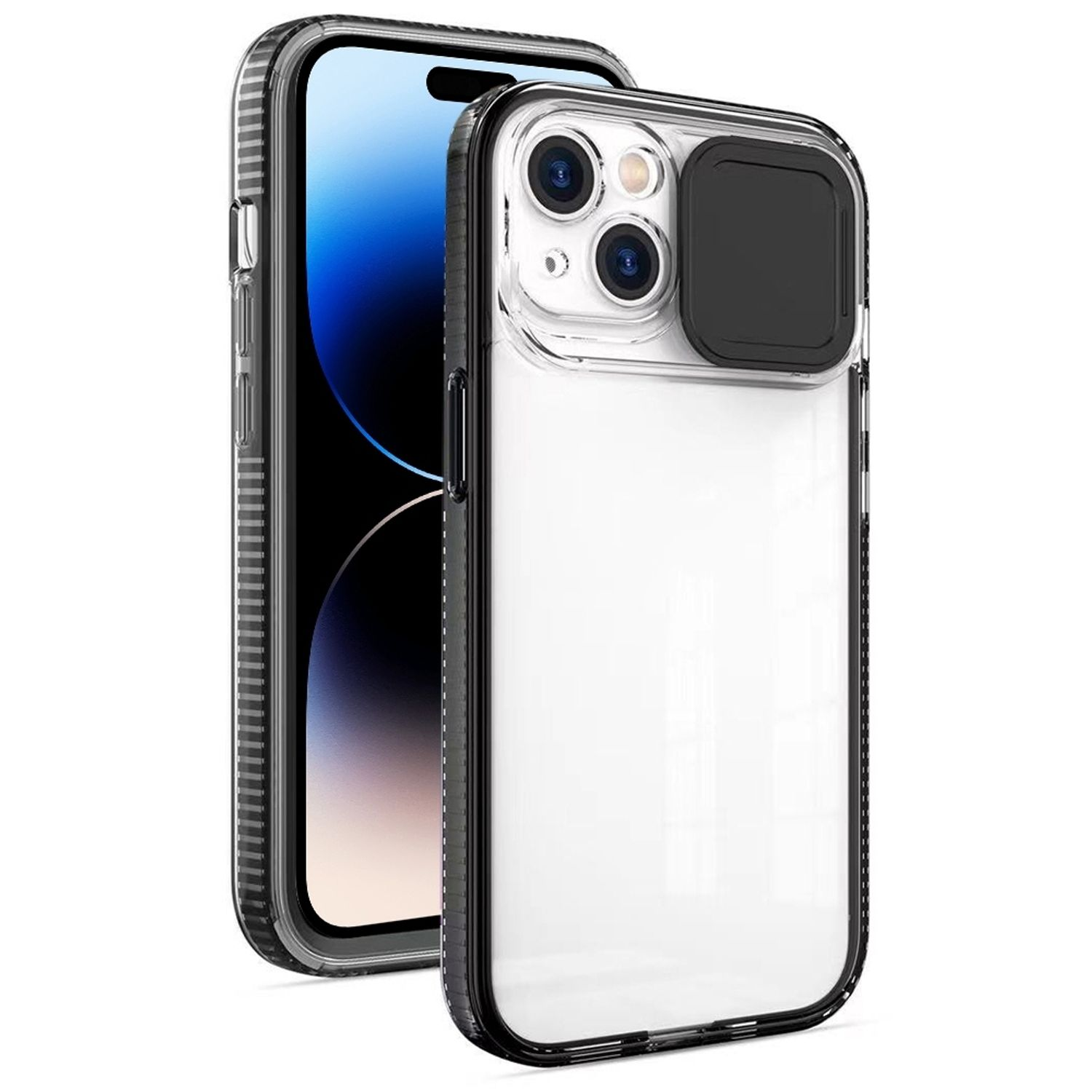 iPhone in einer durchsichtigen Hülle, Rückseite und Seite des Telefons zeigend. Dahinter ein weiteres Telefon mit Hülle.