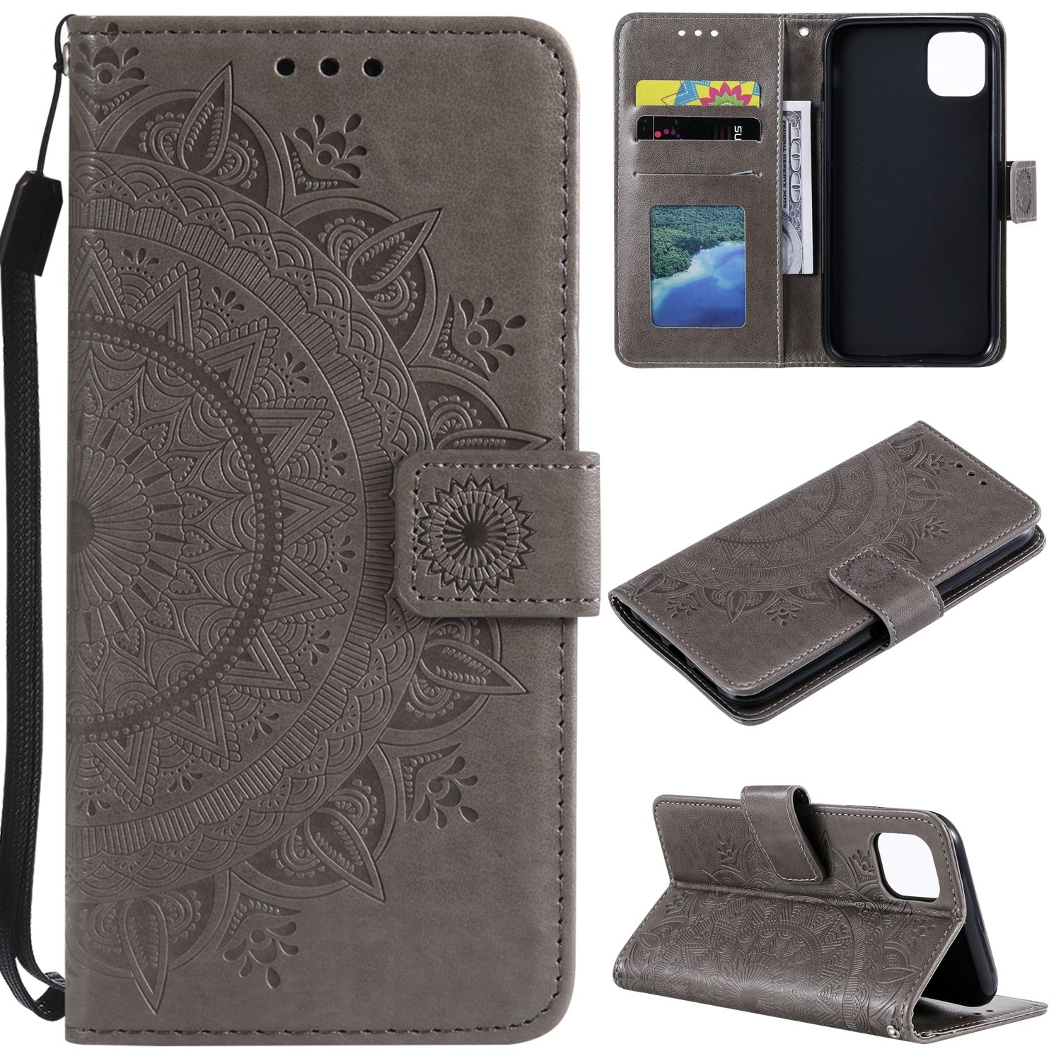 Graues Handy-Brieftaschenetui mit aufwendigem Mandala-Design und mehreren Ansichten.