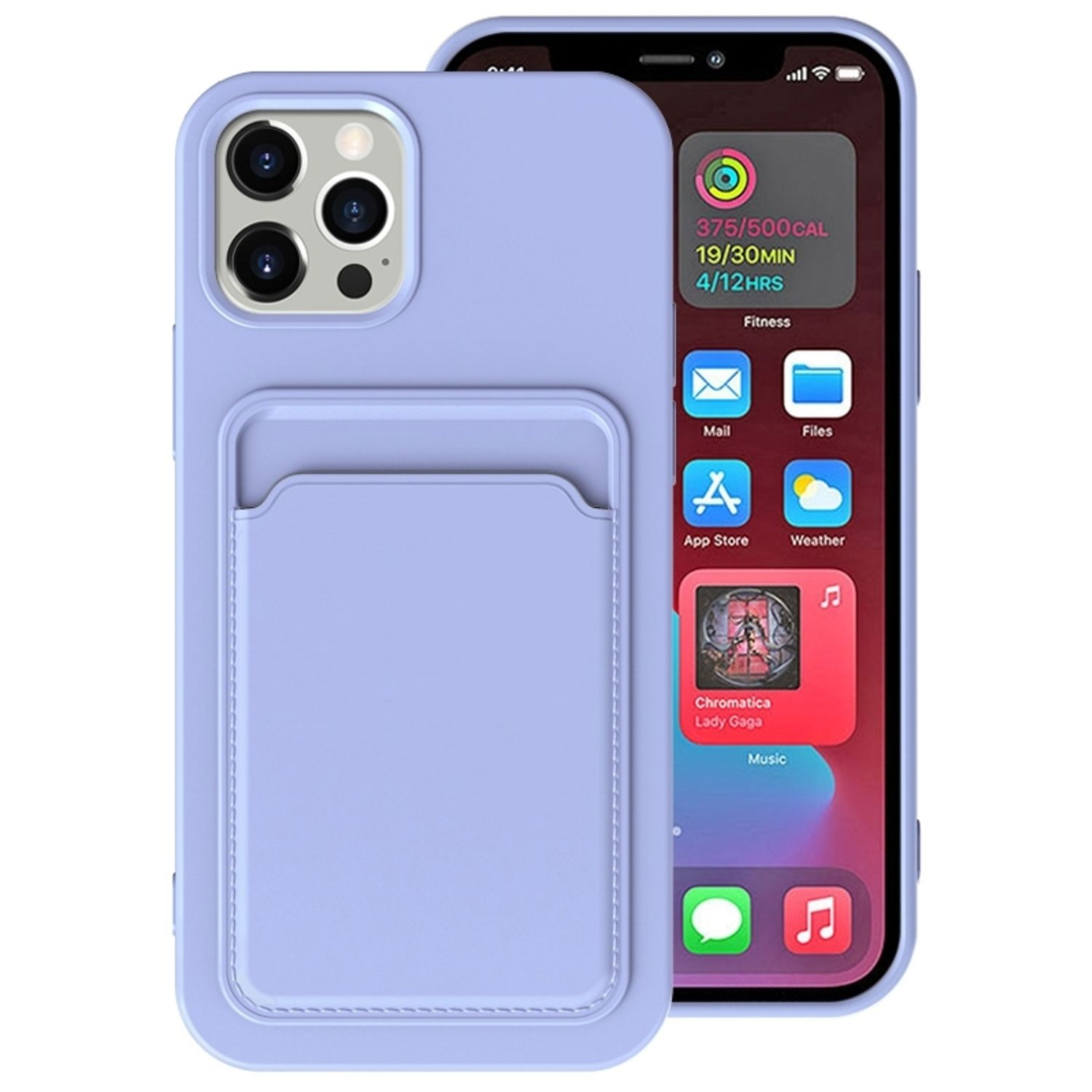 Lila Handyhülle mit iPhone und Kartenfach auf der Rückseite.