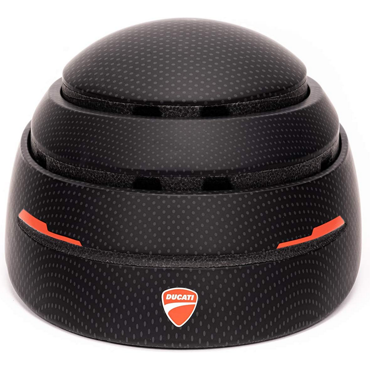 Un casco de bicicleta Ducati plegable negro y gris con detalles rojos y un logo Ducati.