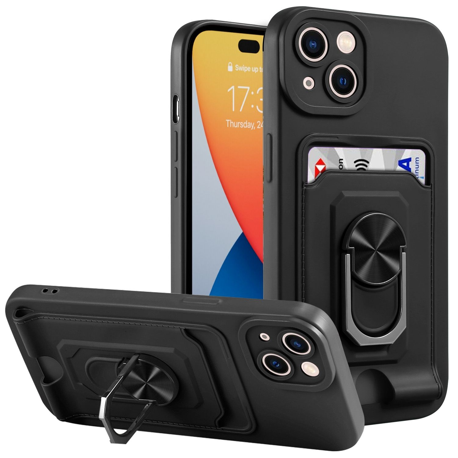 Schwarze Handyhülle. Mehrere Winkel, mit Kartenfächern und einem Telefon.
