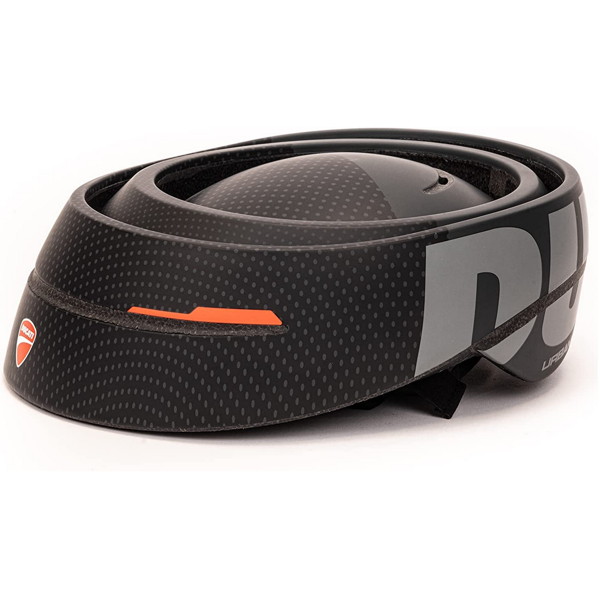 Casco de bicicleta negro con patrón de puntos y texto gris 'Ducati' y 'Urban'. Acento naranja sobre blanco.