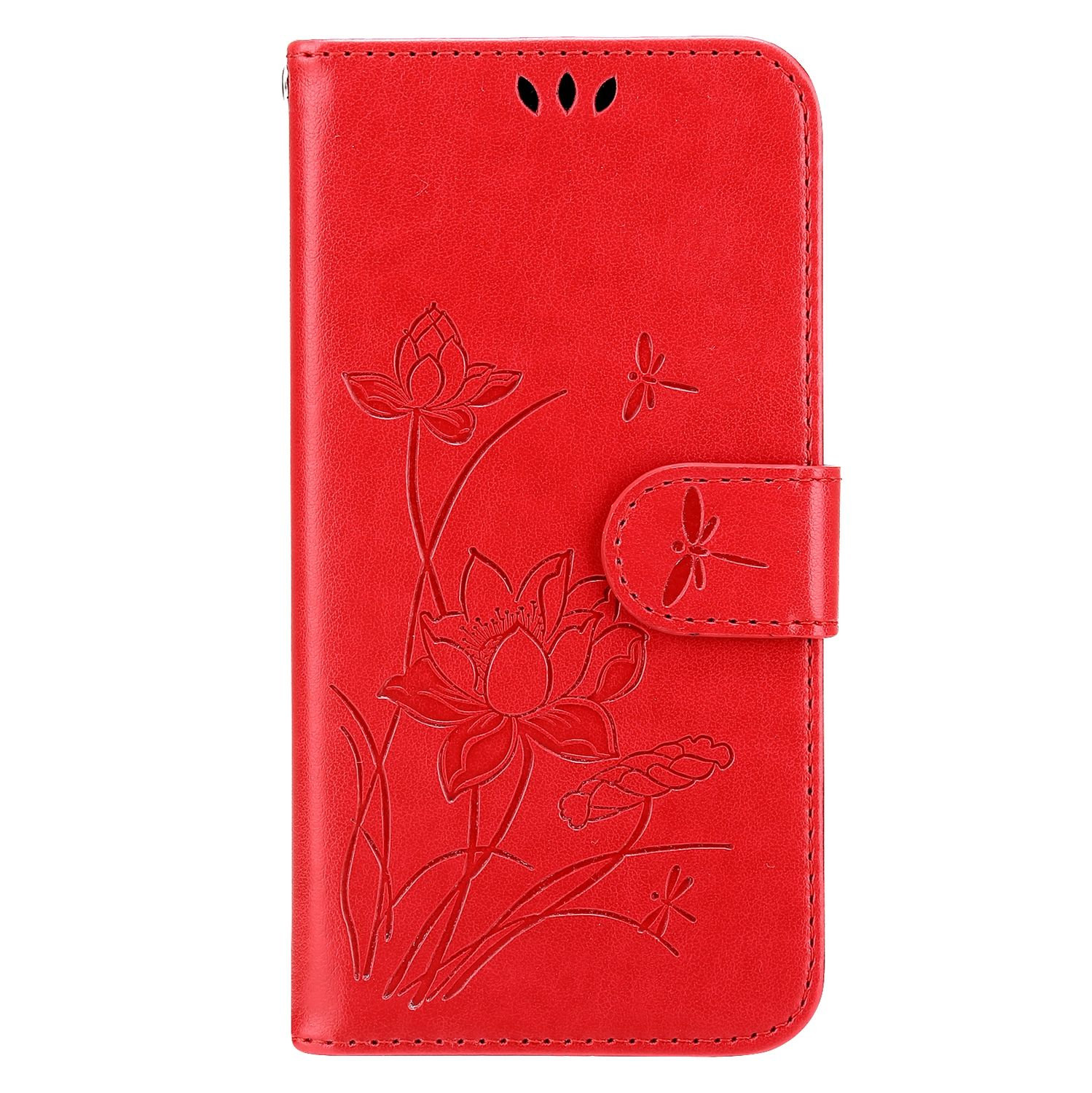 Rote Handyhülle mit geprägtem Blumen- und Libellen-Design. Sie hat einen Magnetverschluss.