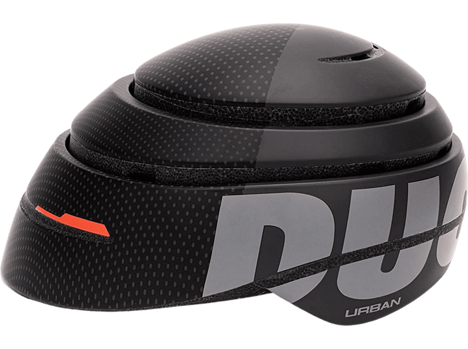 Un casco de bicicleta DUO Urban negro y gris con un acento naranja.