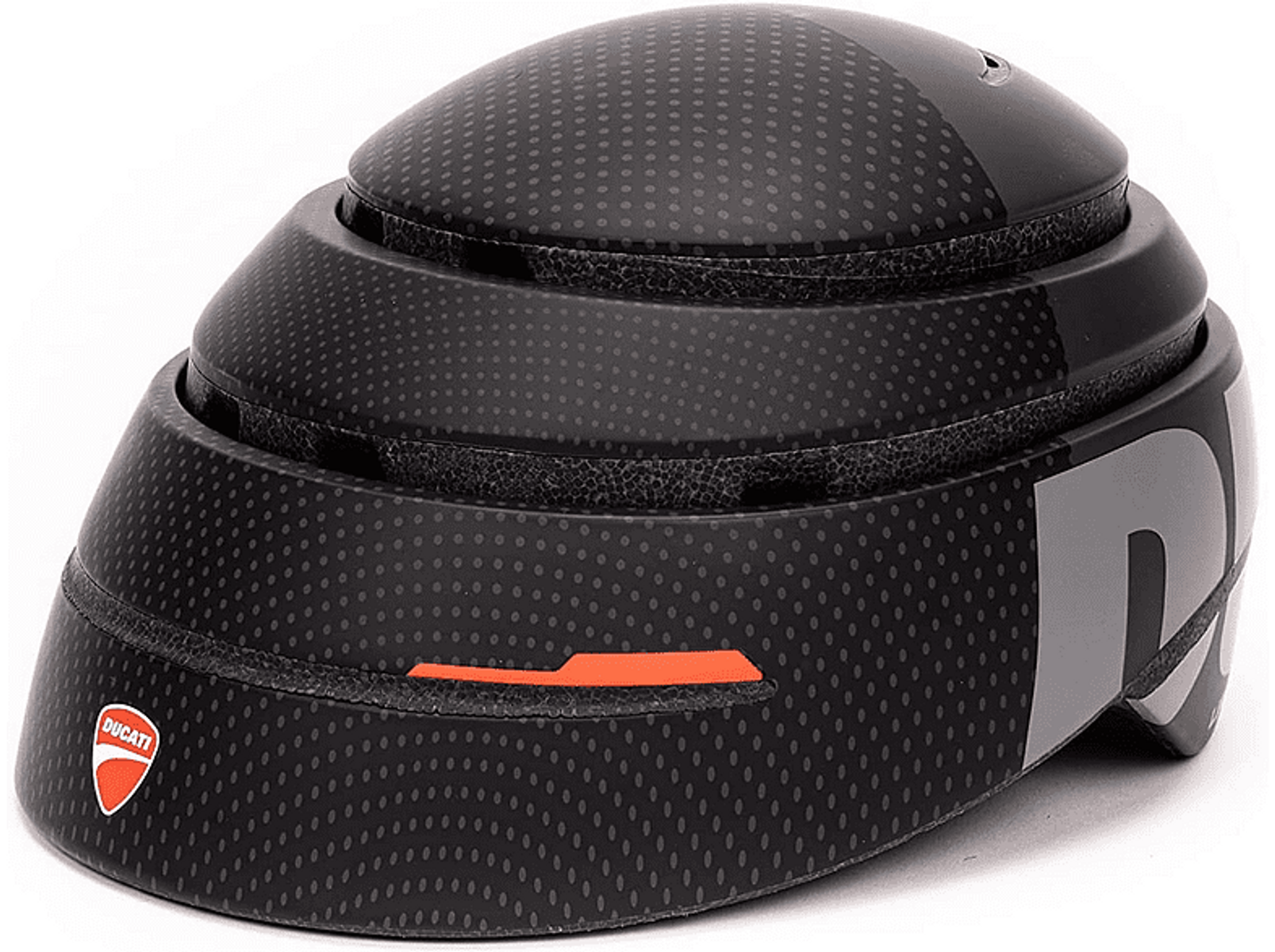 Casco de bicicleta Ducati negro y gris con detalles naranjas y diseño de puntos.