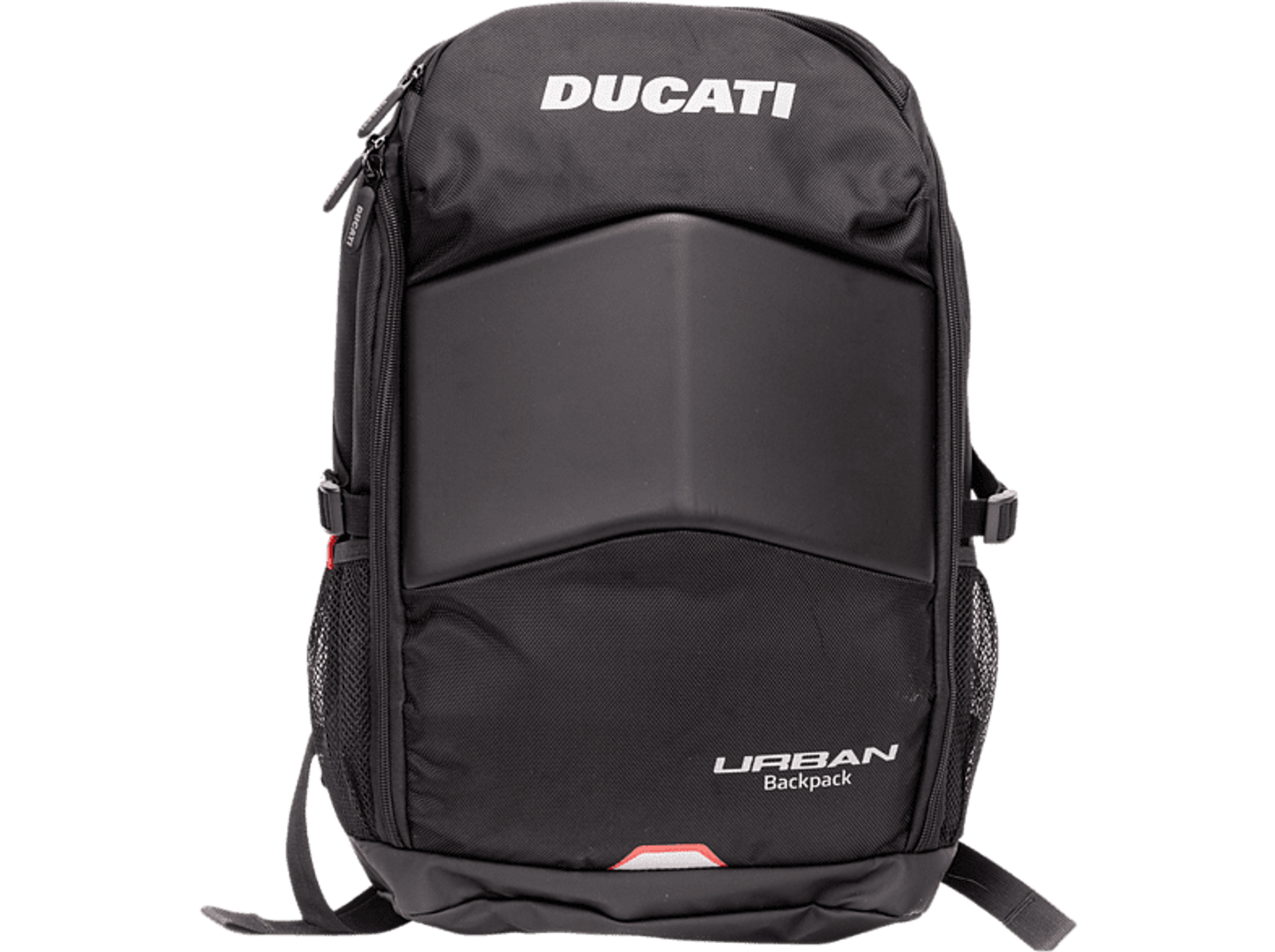 Czarny plecak Ducati z białym logo i tekstem 'Urban Backpack'. Czarne tło.
