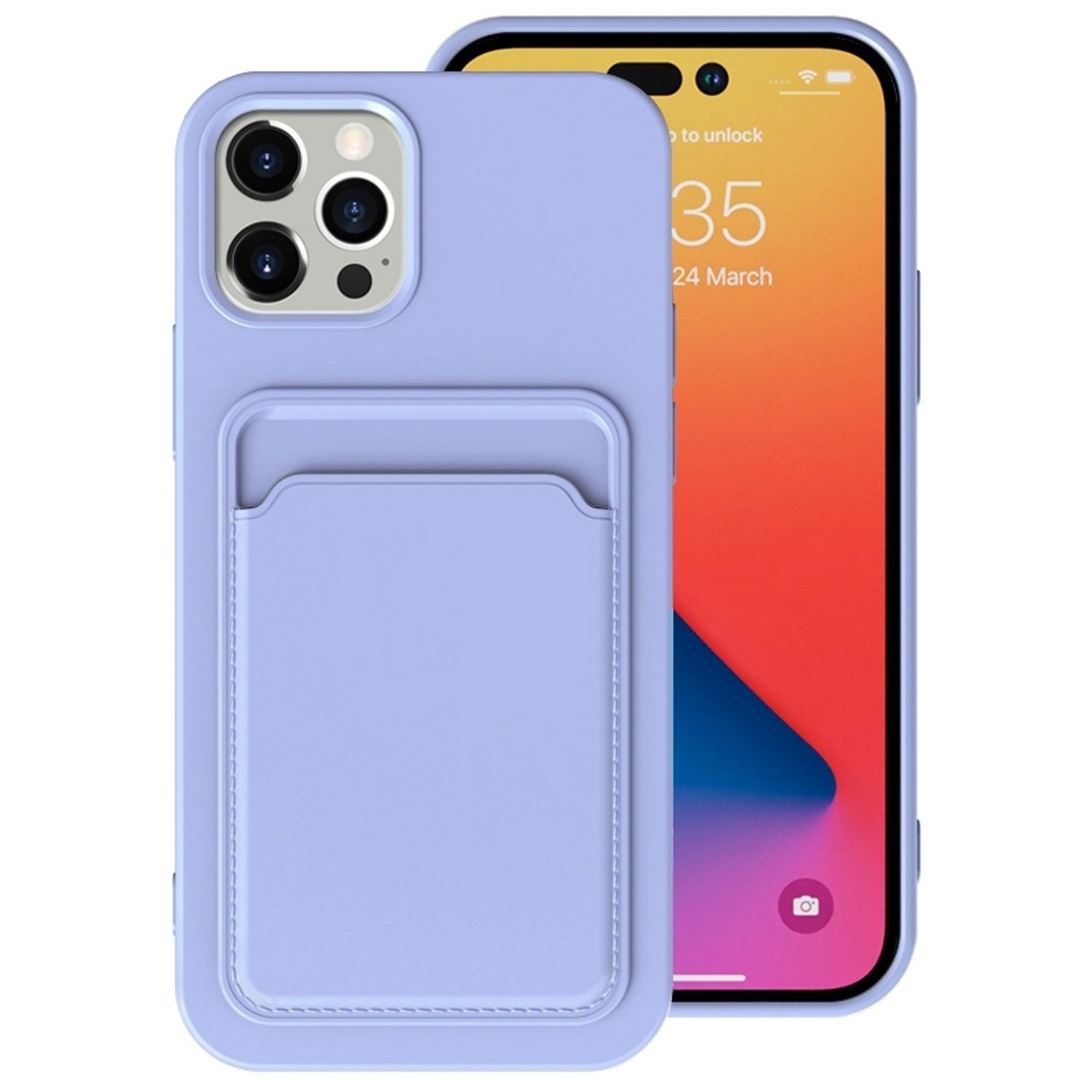 Eine hellviolette Handyhülle mit Kartenfach, einem Telefon und weißem Hintergrund.