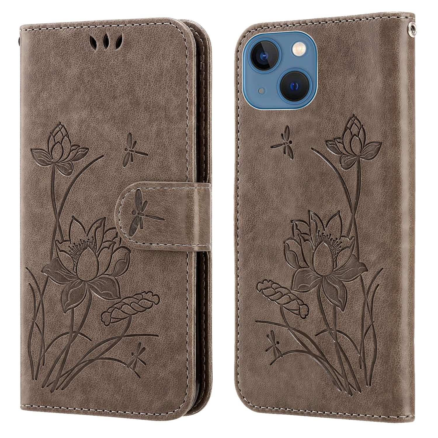 Braune Handyhülle, mit floralen Designs verziert, ausgeklappt, das Telefon zeigend.