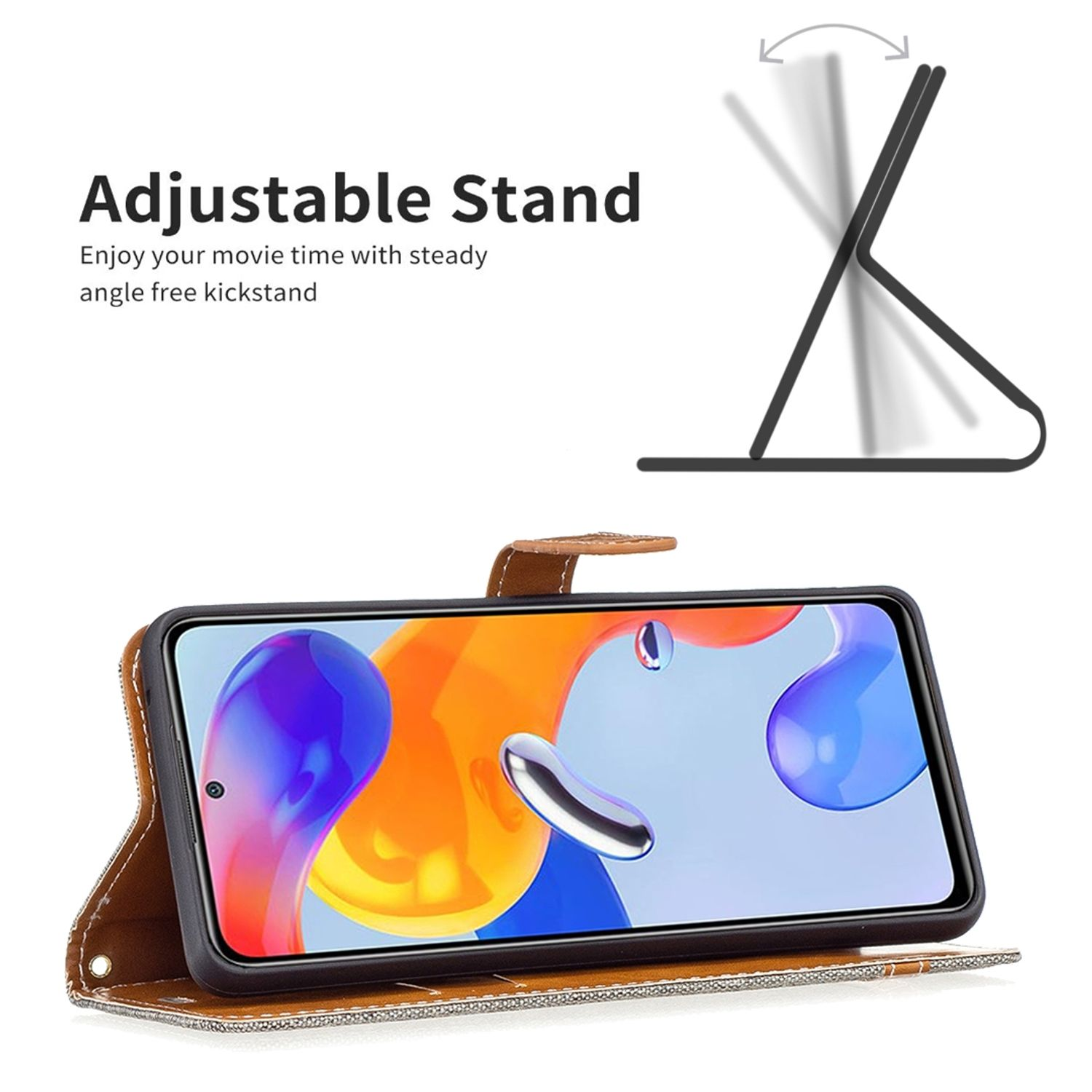 Handyhülle, braun mit Ständer, das Telefon ist auf der Hülle, der Bildschirm ist orange.