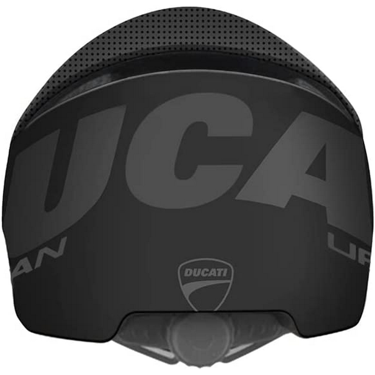 Czarny kask rowerowy z napisem DUCATI. Kask ma daszek i szary wierzch.