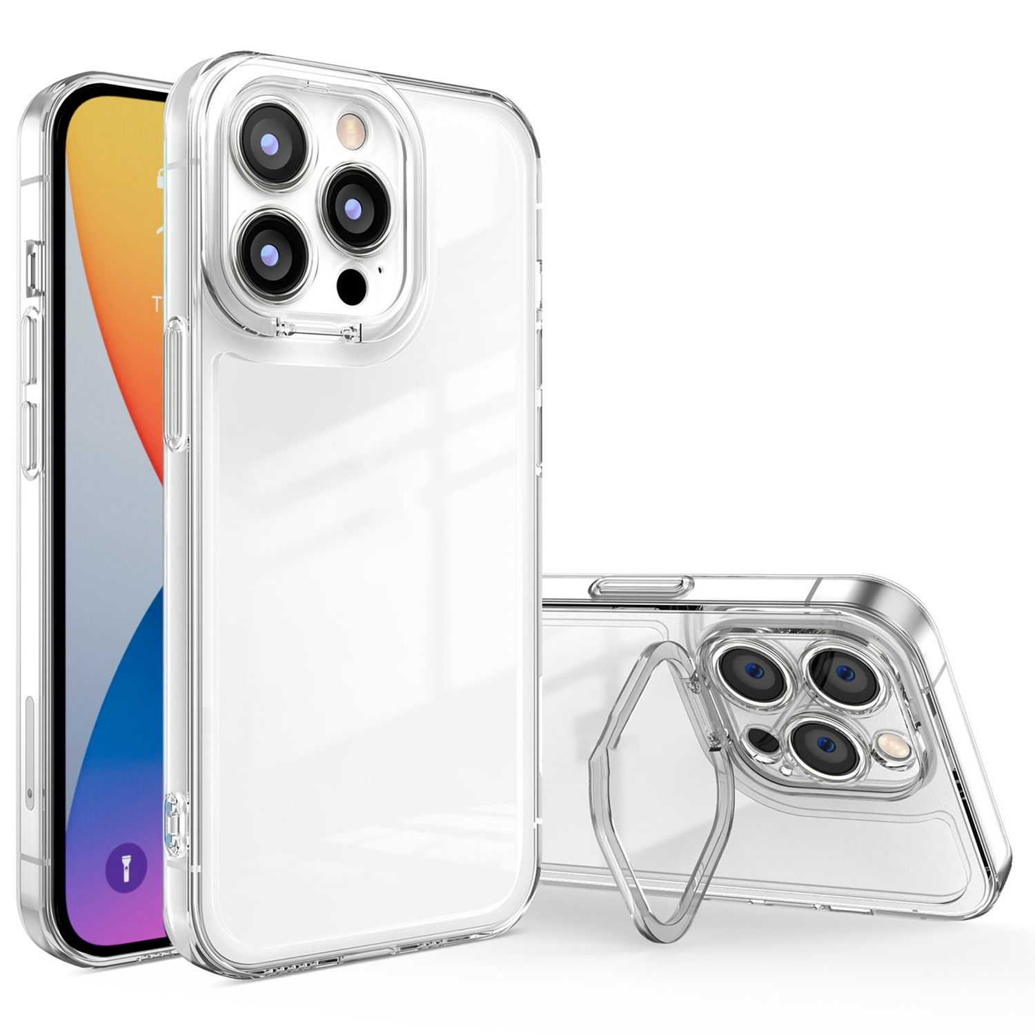 Zwei transparente Handyhüllen mit Telefonen. Eine Hülle ist offen. Weißer Hintergrund.