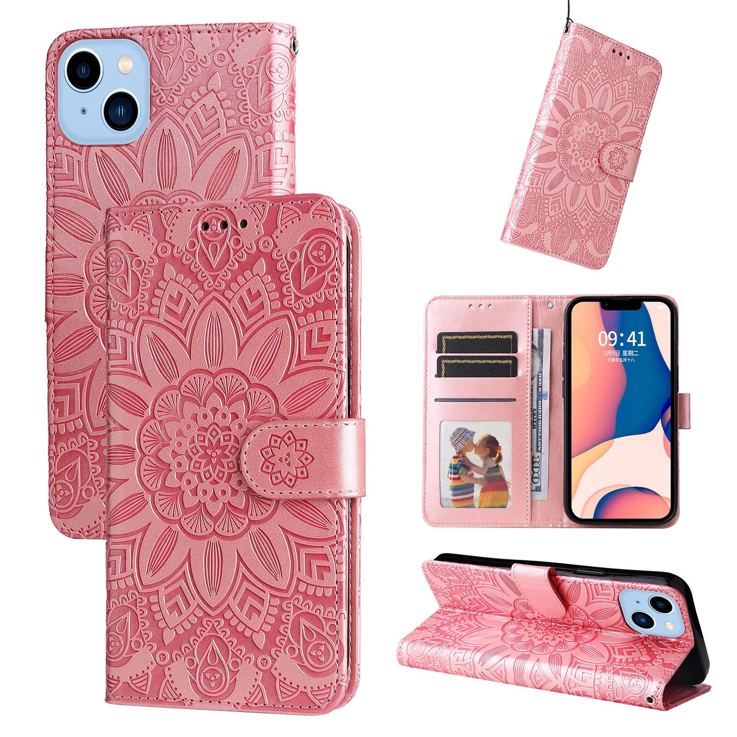 Rosa Handyhülle mit floralem Design. Enthält Hülle, Brieftasche und Telefonansicht mit Bild und Telefon.