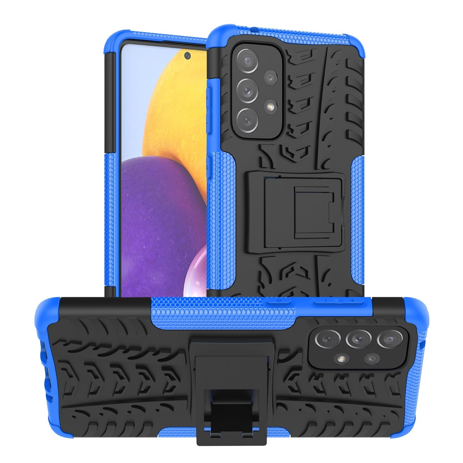 Blaue und schwarze Handyhülle mit strukturiertem Design und einem Ständer.