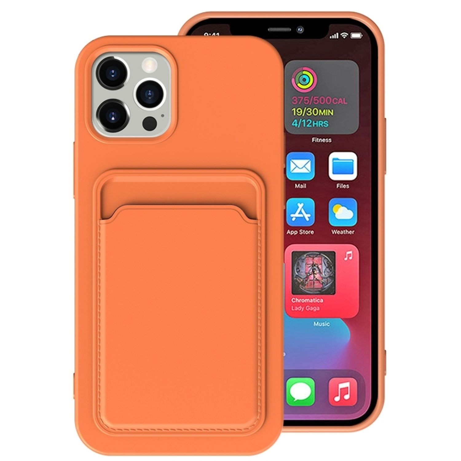 Ein oranges Telefon in einer Hülle mit Kartenhalter. Der Bildschirm zeigt App-Symbole und die Uhrzeit.