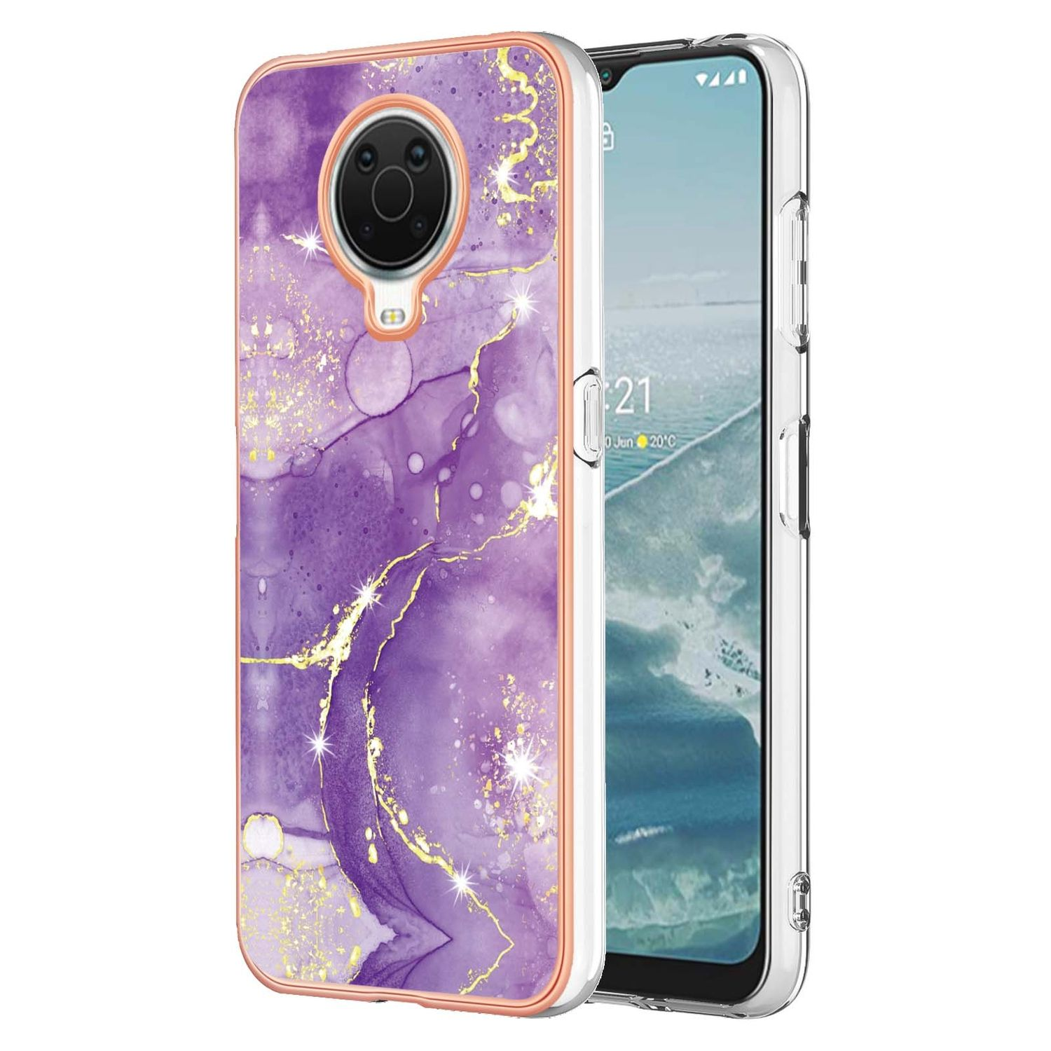 Eine lila marmorierte Handyhülle auf einem Telefon. Goldakzente und ein klarer Rand.