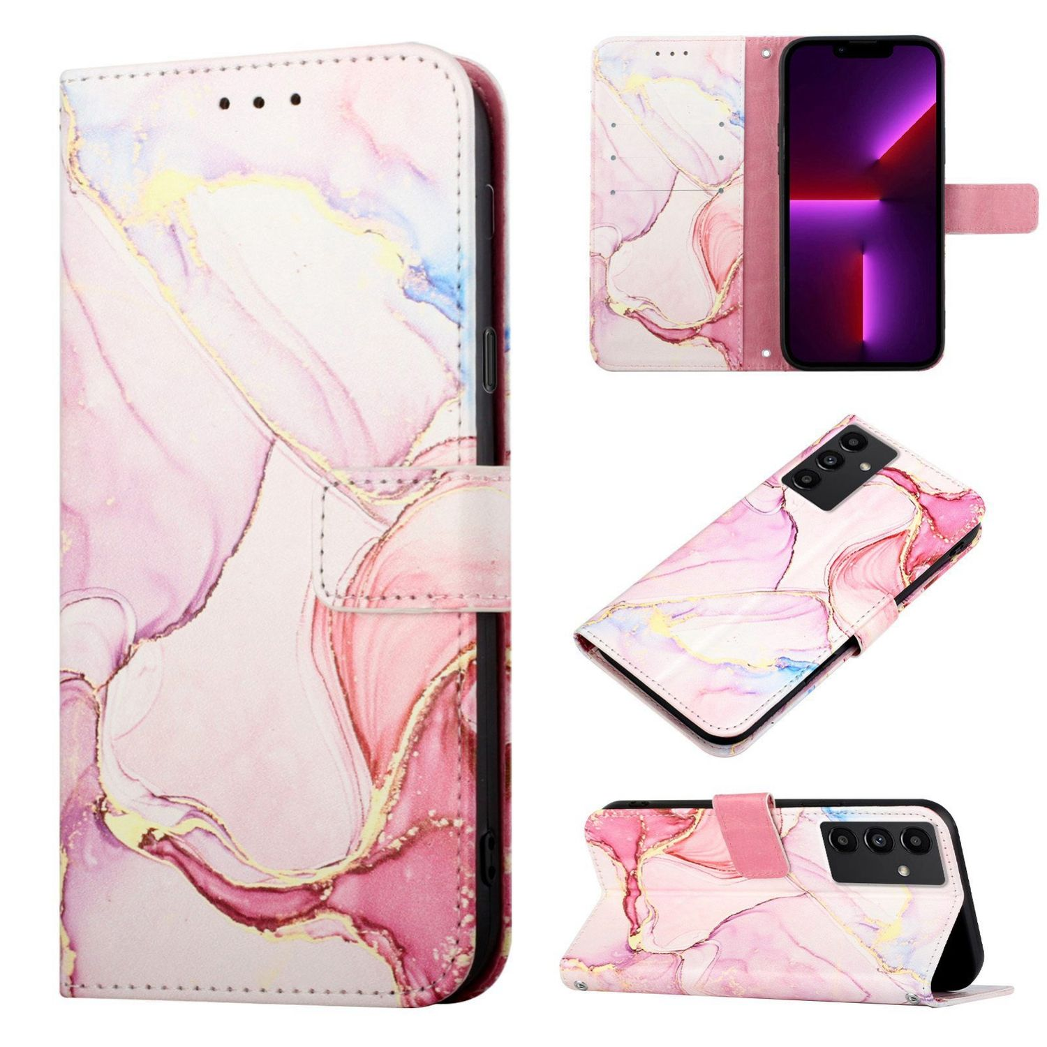 Handyhülle mit rosa Marmordesign. Das Telefon ist innen und offen.