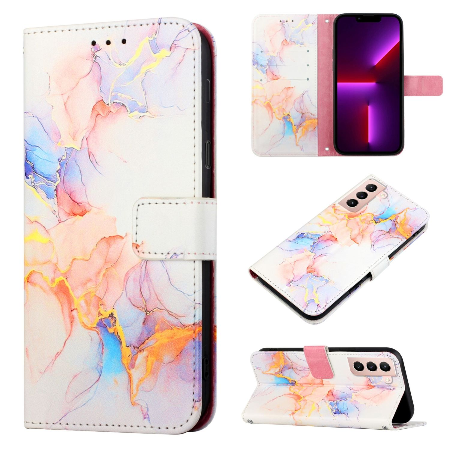 Weißes Handycase mit Marmordesign. Verfügt über einen Verschluss und mehrere Ansichten.