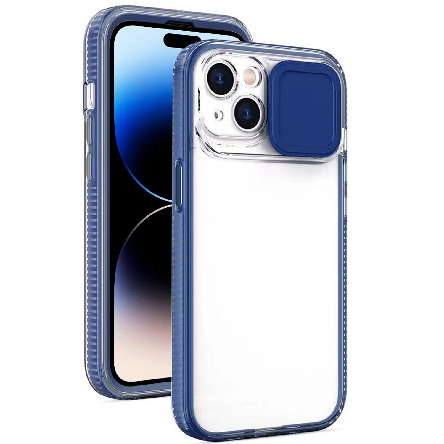 Transparente Handyhülle mit blauem Rahmen, Kameraabdeckung und Telefon im Inneren. Auf weißem Hintergrund.