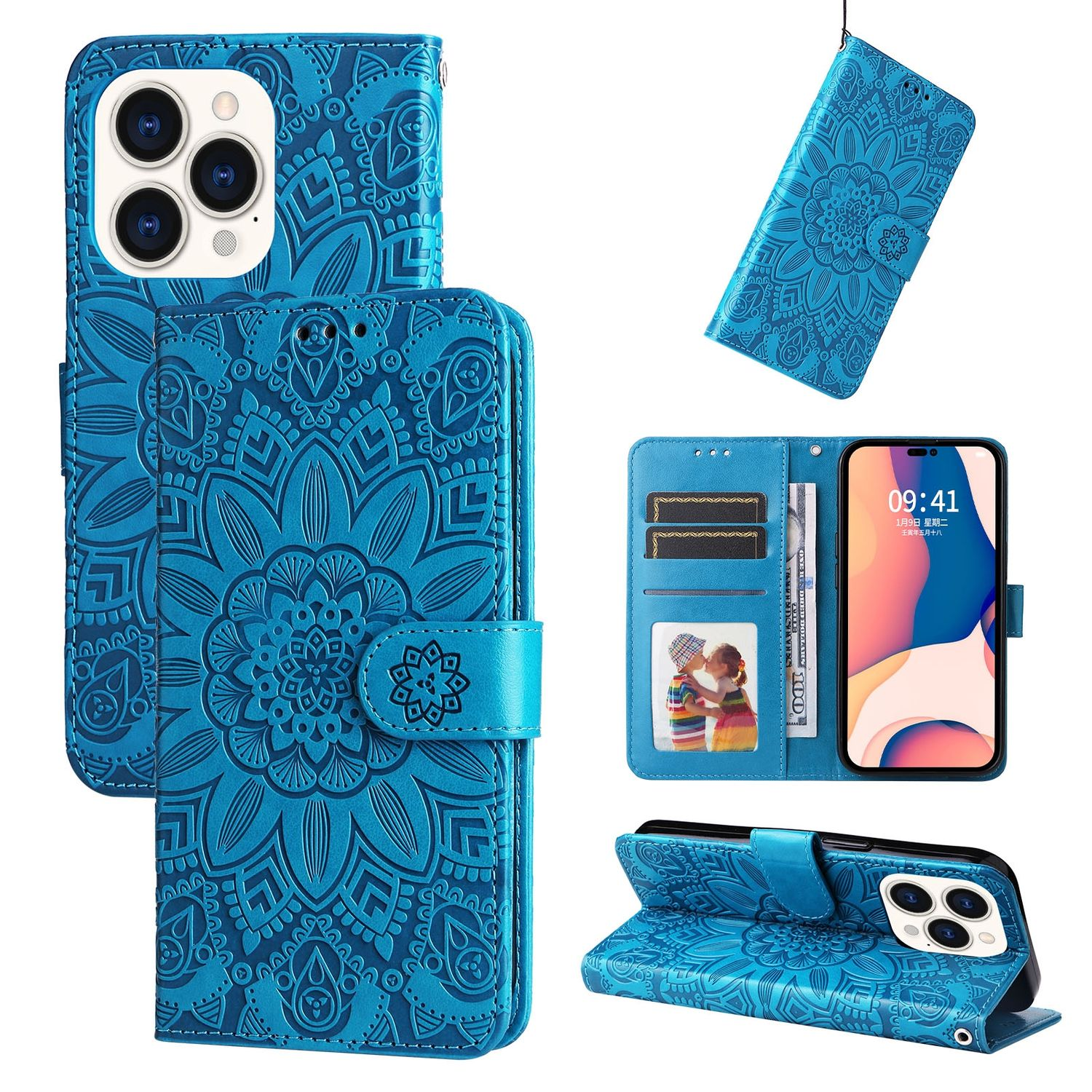 Blaue Handyhülle mit Blumenmuster. Die Hülle ist geöffnet, um das Telefon und Kartenfächer zu zeigen.