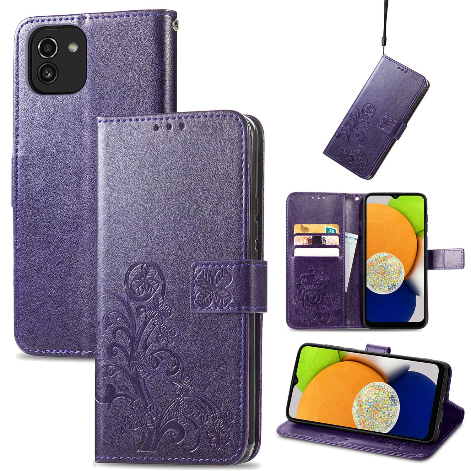 Lila Handyhülle mit Blumendesign und mehreren Ansichten, einschließlich Telefon in Gebrauch.