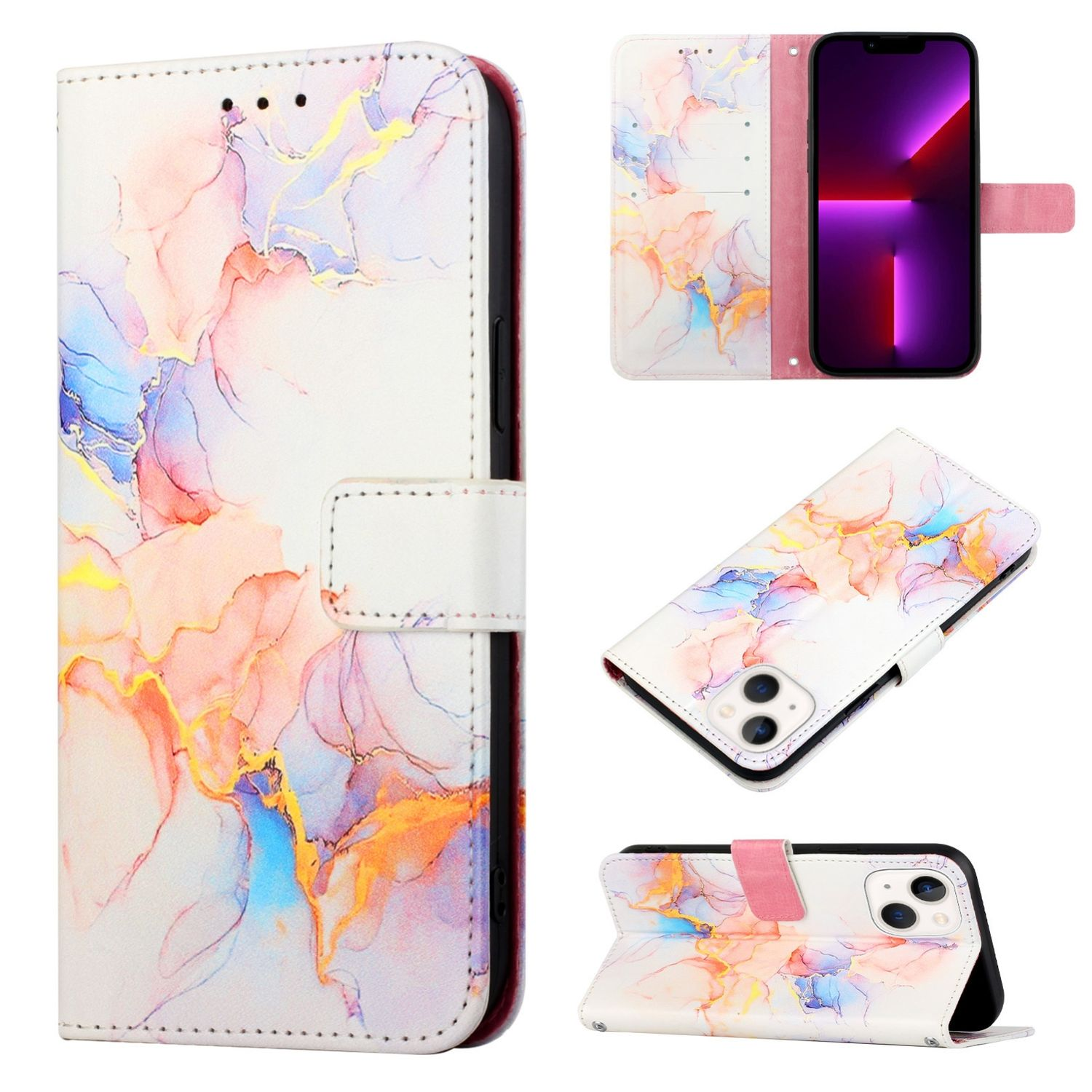 Weiße Handyhülle mit farbenfrohem Marmordesign, offen und geschlossen, mit sichtbarem Telefon.